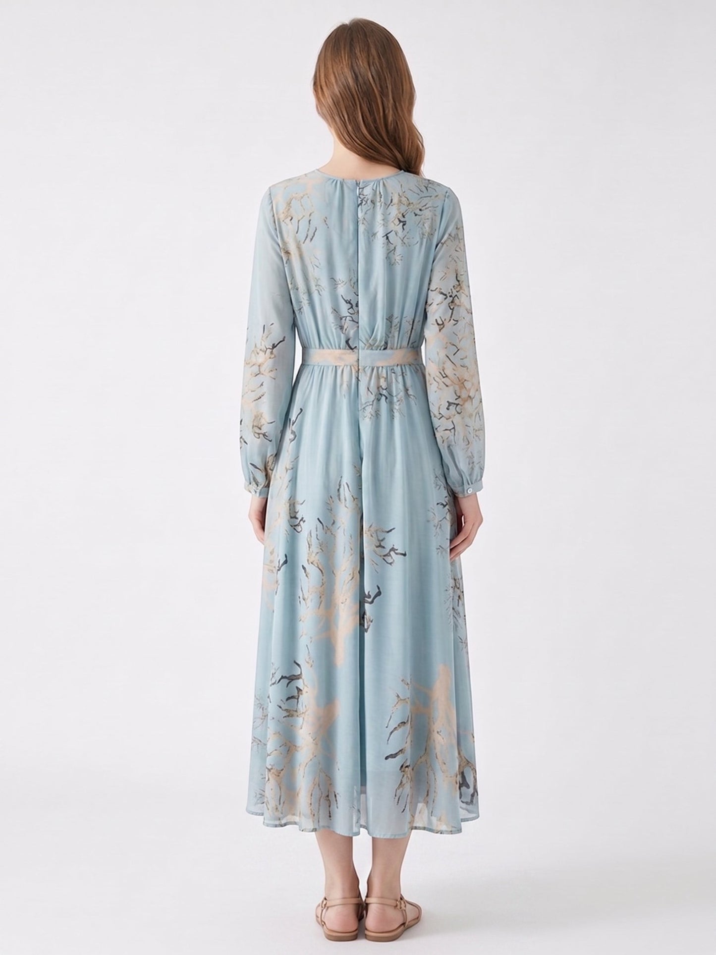 Catherine Martin powder blue midi dress in mulberry silk with gold and brown branch print, back view