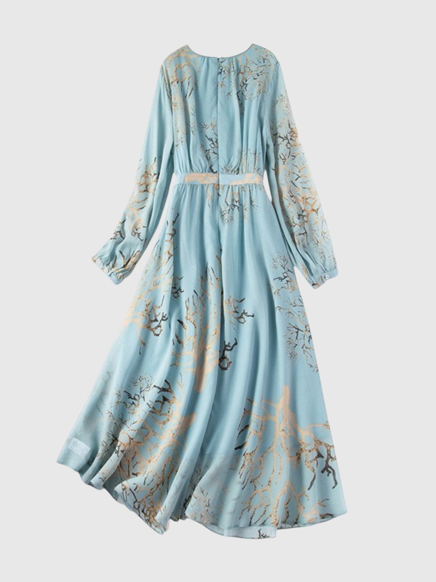 Catherine Martin powder blue midi dress in mulberry silk with a gold and brown branch print and pleated waist.