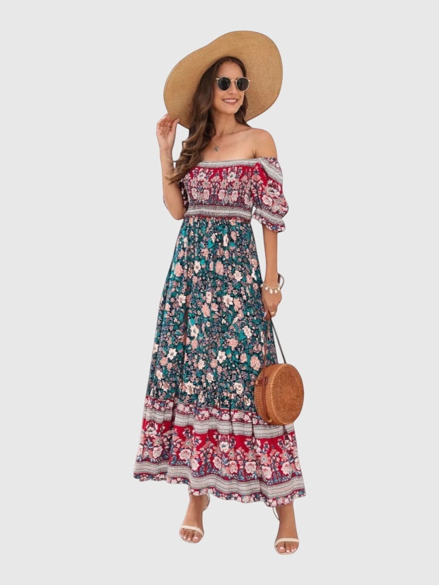 Catherine Martin boho floral rayon maxi dress with puff sleeves, shirred bodice, and vibrant border print hem.