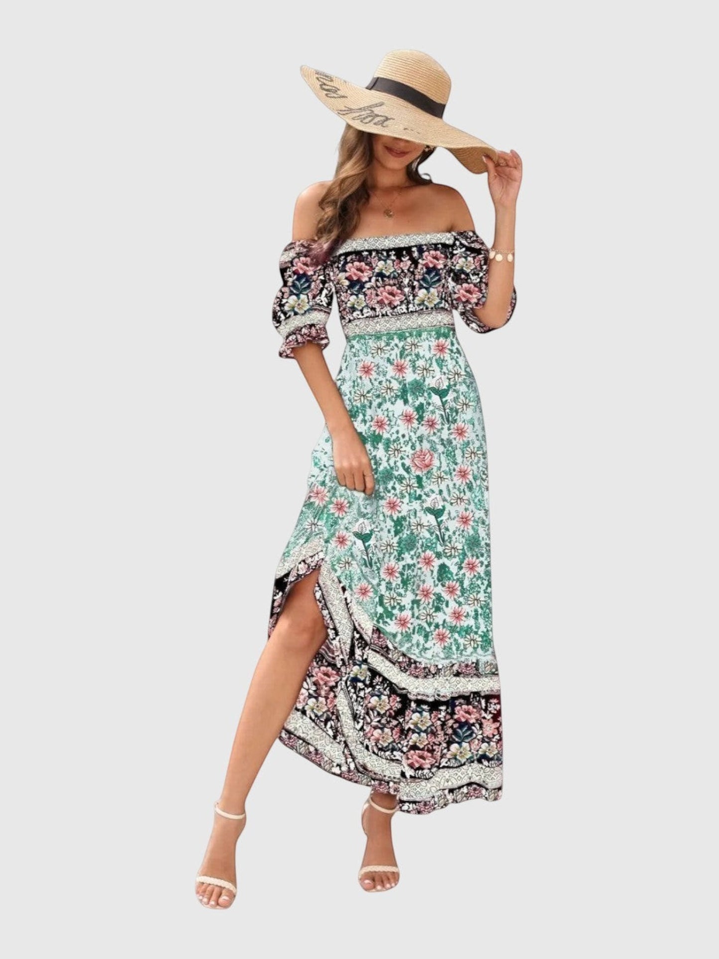 Catherine Martin boho floral rayon maxi dress with puff sleeves, square neckline, and shirred bodice on a model
