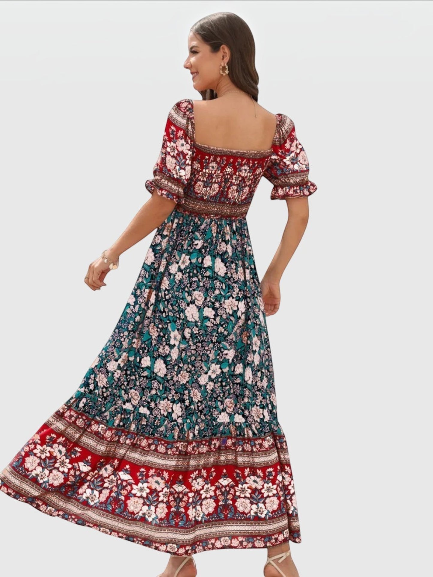 Catherine Martin boho maxi dress in red and teal floral print with puff sleeves, square neckline, and shirred bodice.
