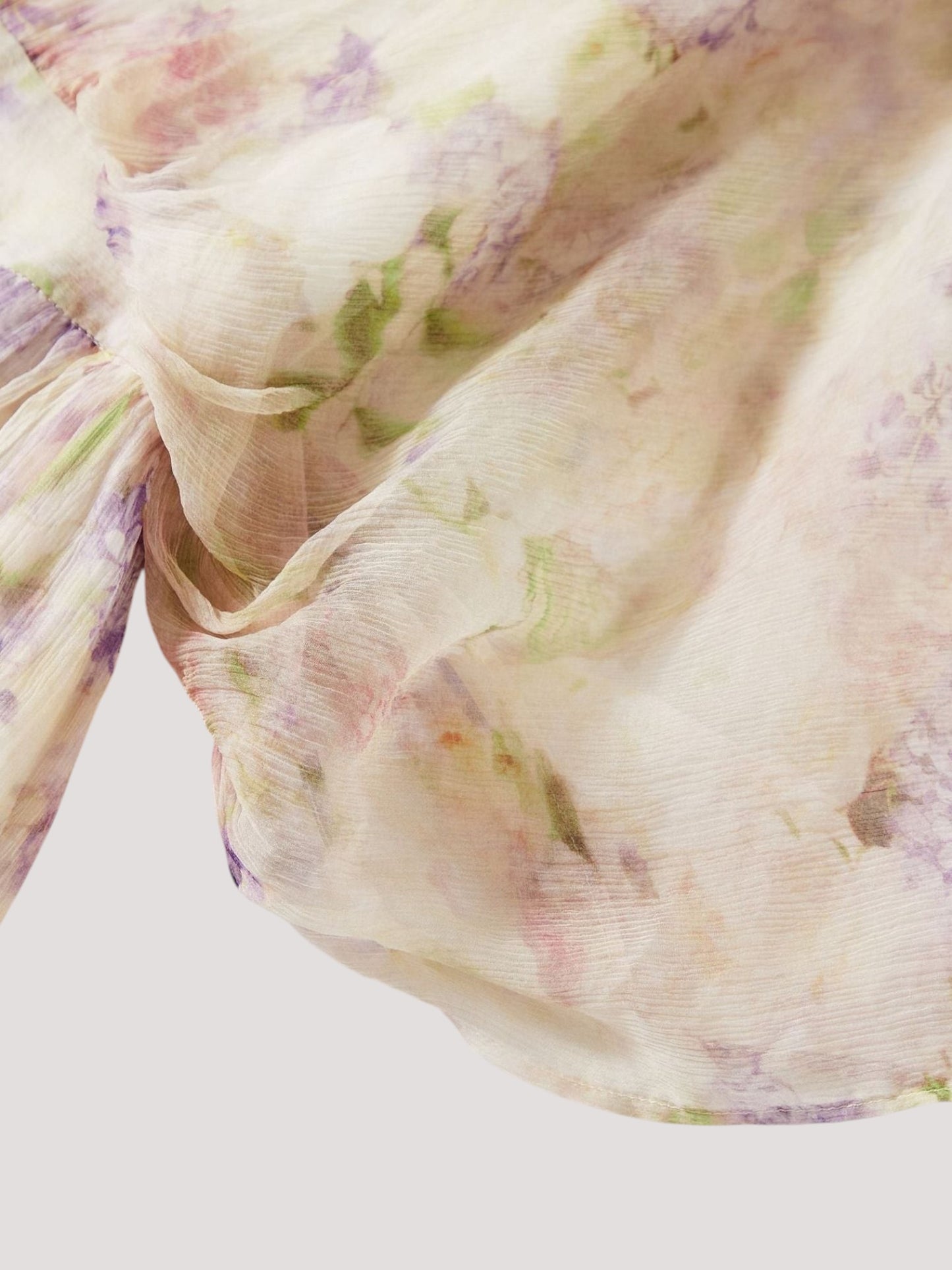 Catherine Martin floral silk midi dress fabric detail featuring watercolour lilac and cream blooms on sheer silk