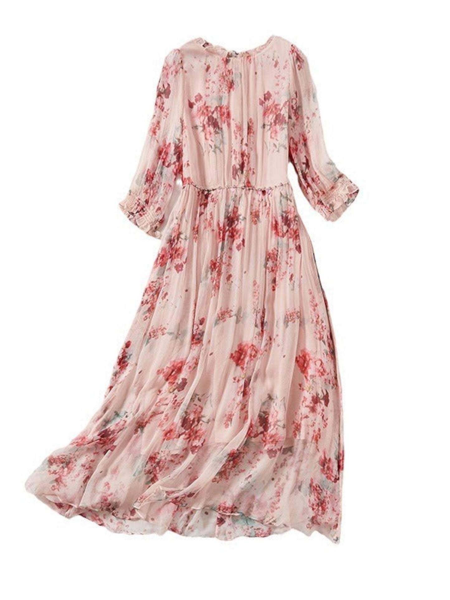 Catherine Martin elegant long silk dress in light pink with a floral pattern, round neck, and five-quarter sleeves.