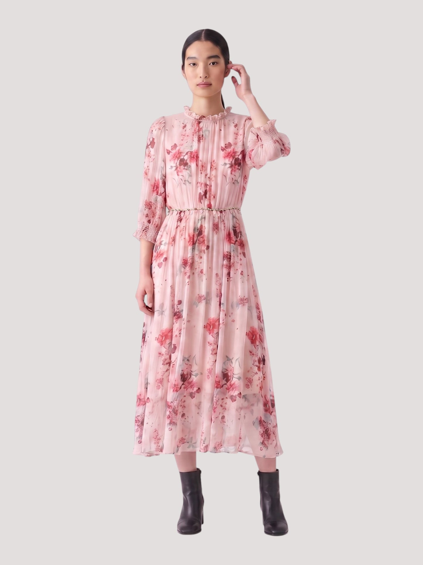 Catherine Martin floral silk midi dress with round neck, ruffled collar, and embellished waist, worn by a model.