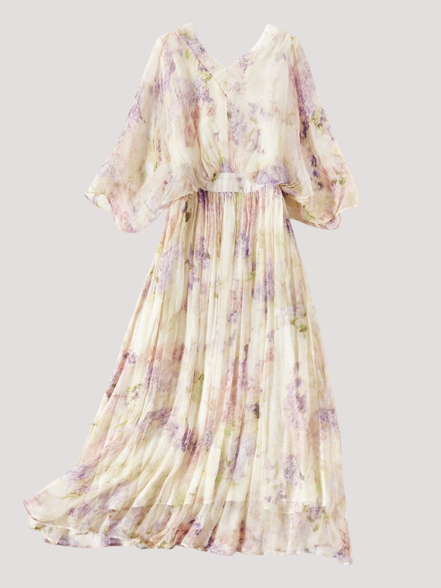 Catherine Martin floral silk midi dress with V-neck, kimono sleeves, and pleated skirt in lilac and cream watercolour.