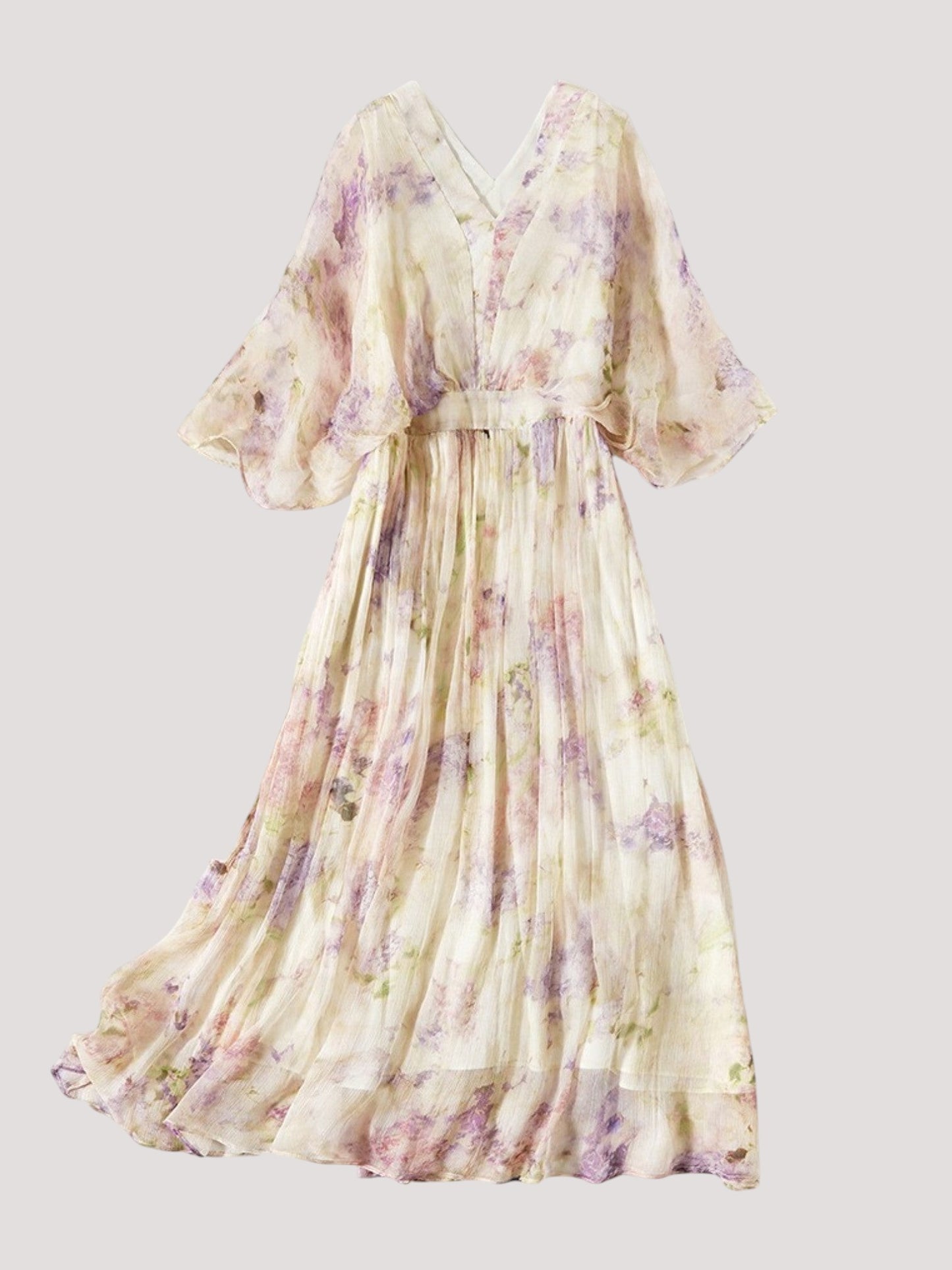 Catherine Martin floral silk midi dress with V-neckline, kimono sleeves, and a pleated skirt in lilac and cream.