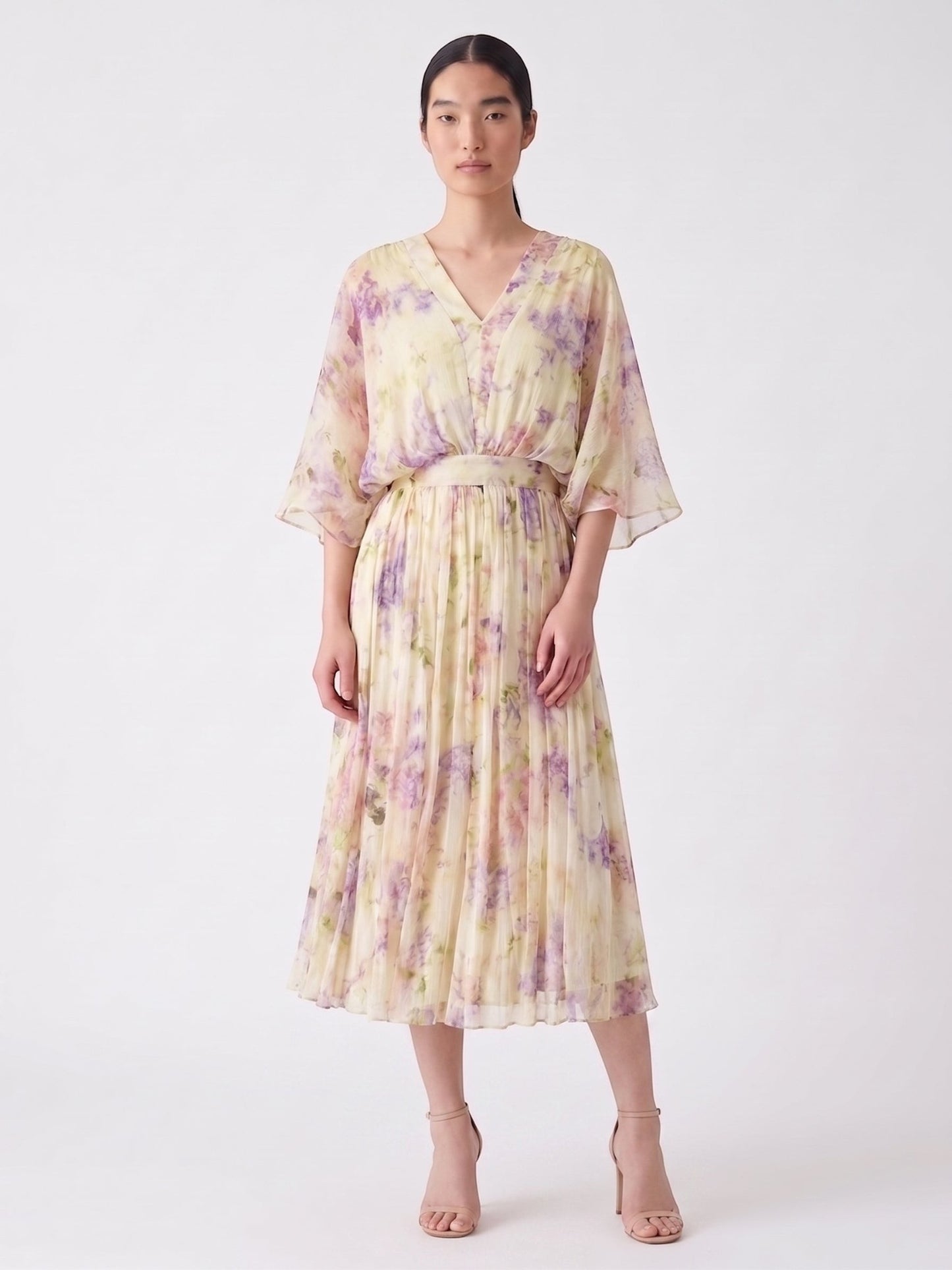 Catherine Martin floral silk midi dress with V-neck, kimono sleeves, and pleated skirt in lilac and cream watercolour