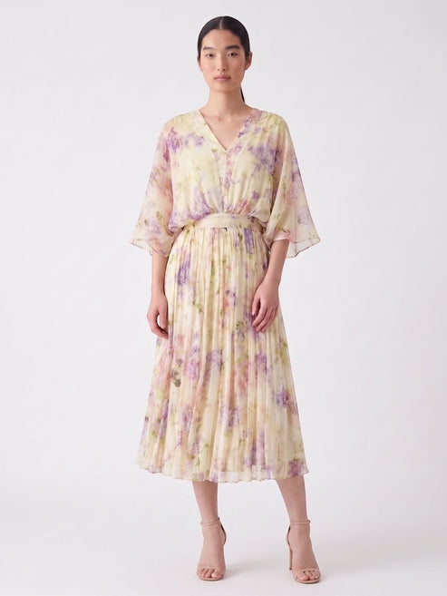 Catherine Martin floral silk midi dress with V-neck, kimono sleeves, and pleated skirt in lilac and cream watercolour