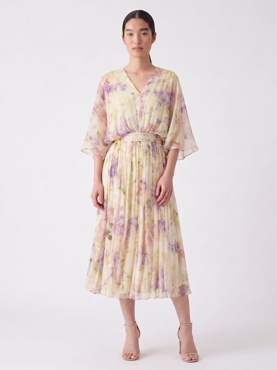 Catherine Martin floral silk midi dress with V-neck, kimono sleeves, and pleated skirt in lilac and cream watercolour