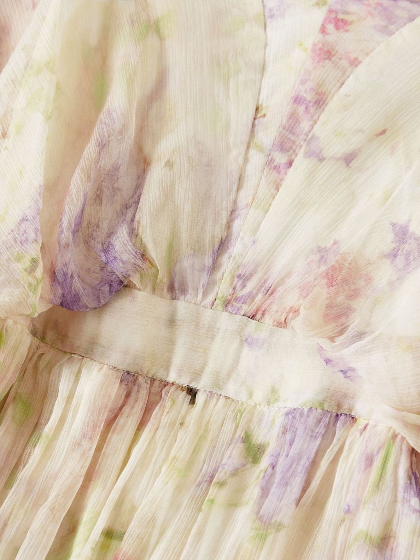 Catherine Martin silk midi dress featuring a lilac and cream watercolour floral print with a fitted waistband