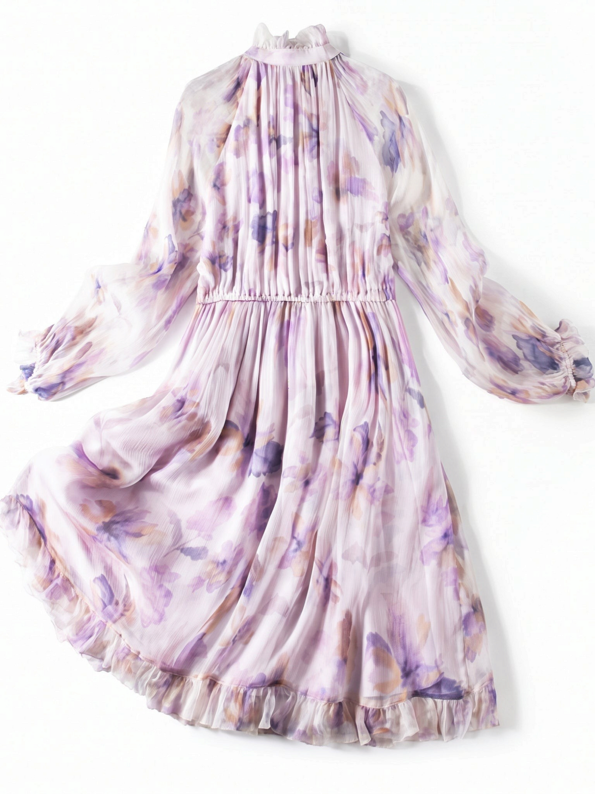 Catherine Martin lilac floral silk chiffon dress with ruffle collar, long billowy sleeves, and a tiered ruffle hem.