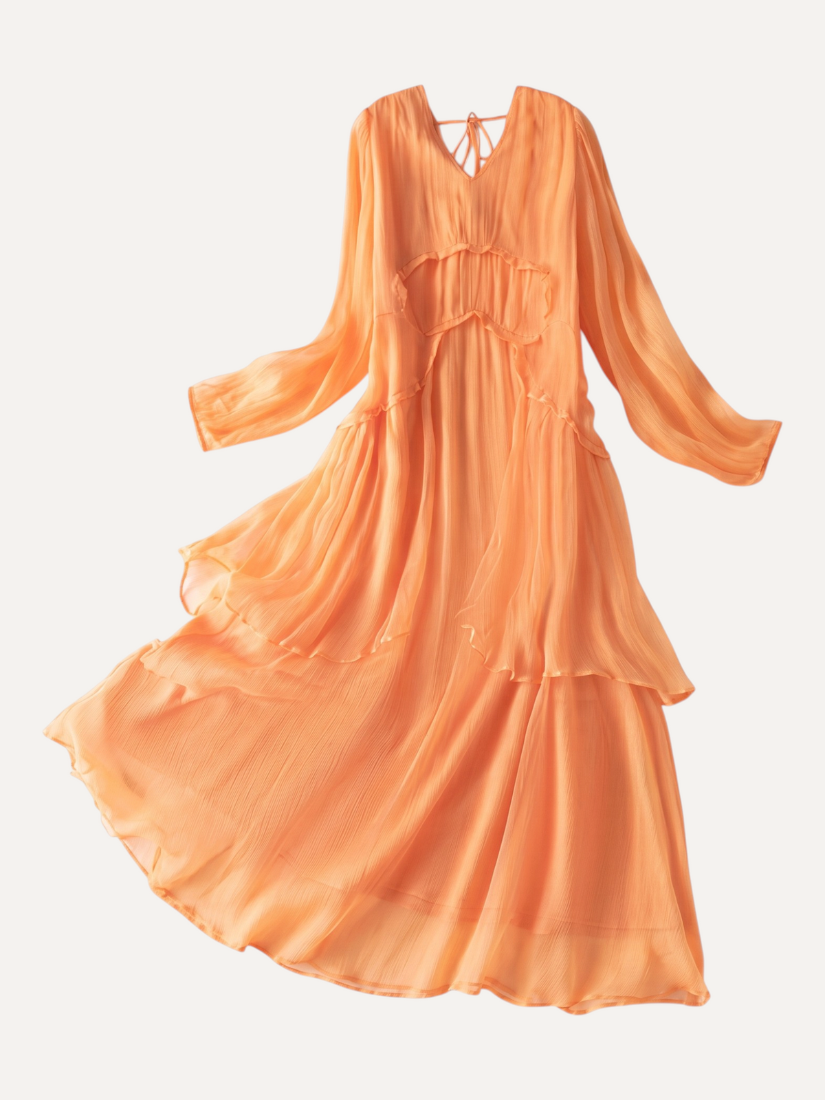 Catherine Martin orange mulberry silk maxi dress featuring a V-neck, long billowy sleeves, and a tiered ruffle skirt.