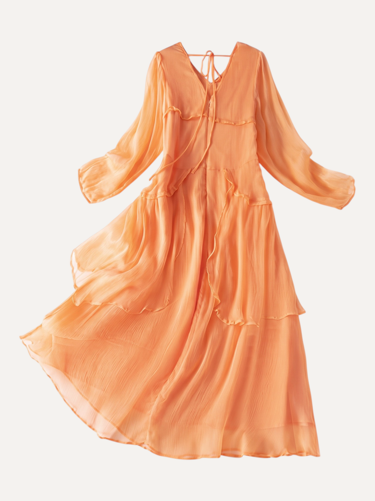 Catherine Martin orange mulberry silk maxi dress with V-neck, long sleeves, ruffle trim, and a tiered flowing skirt.