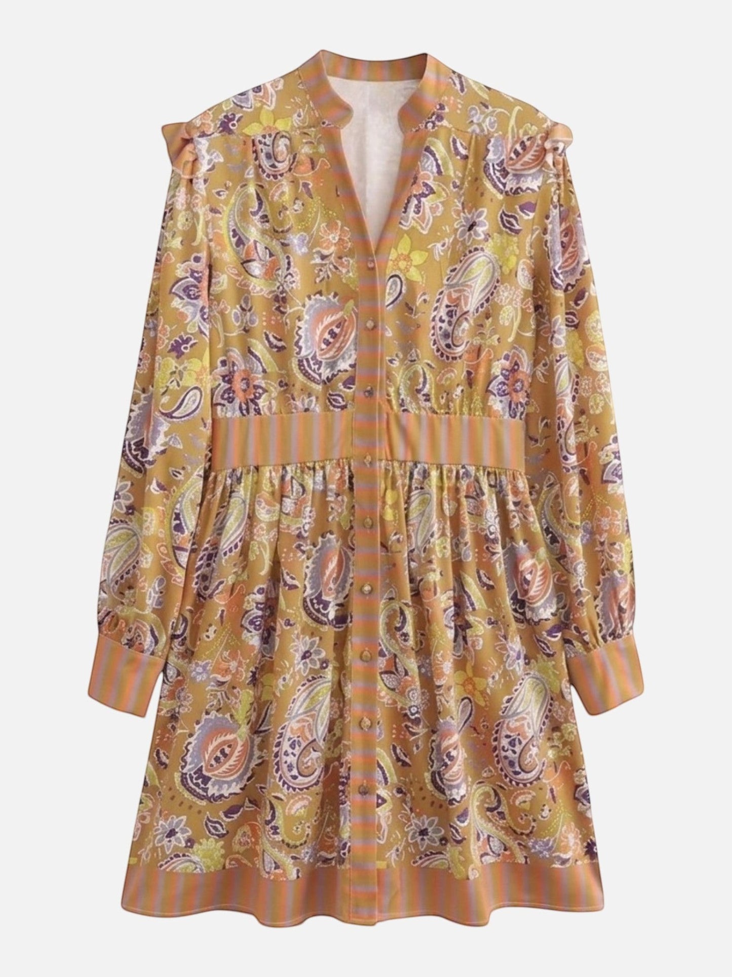 Catherine Martin paisley print mini dress in mustard yellow with ruffled shoulders, button front, and striped trim.