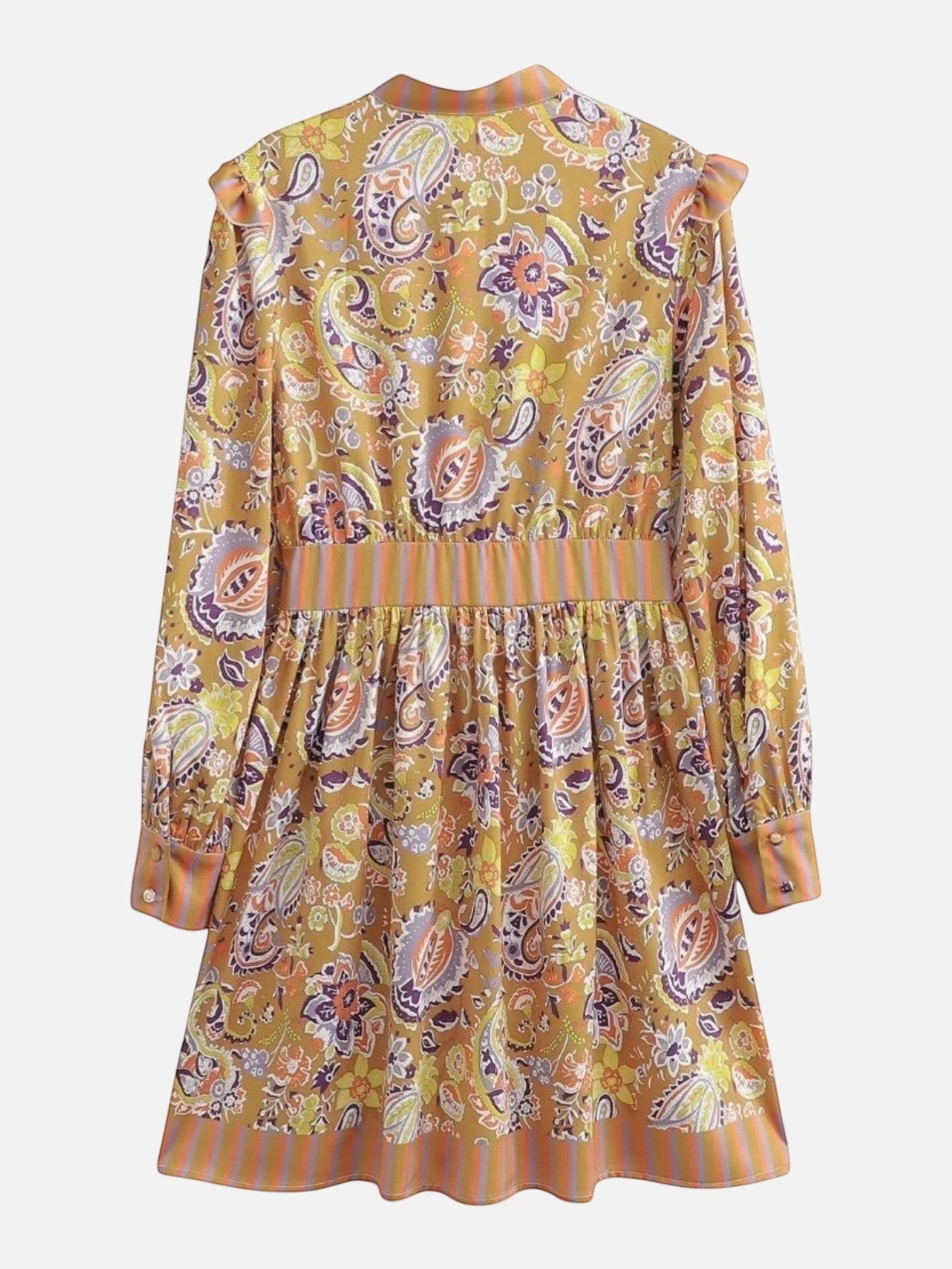 Catherine Martin paisley print mini dress in mustard yellow with ruffled shoulders, long sleeves, and striped trim.