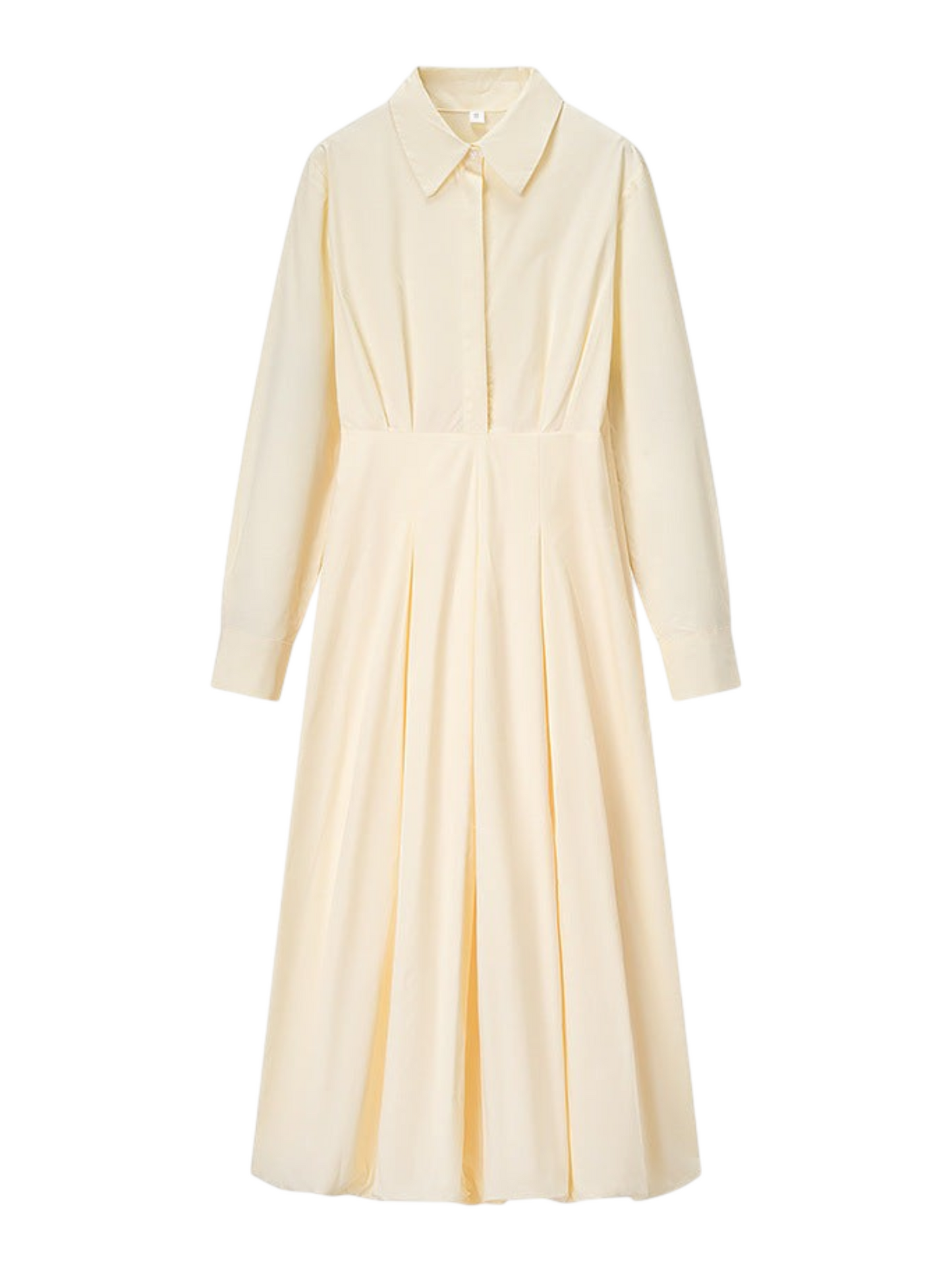 Catherine Martin pale yellow cotton midi shirt dress with a pointed collar, button placket, and pleated skirt.