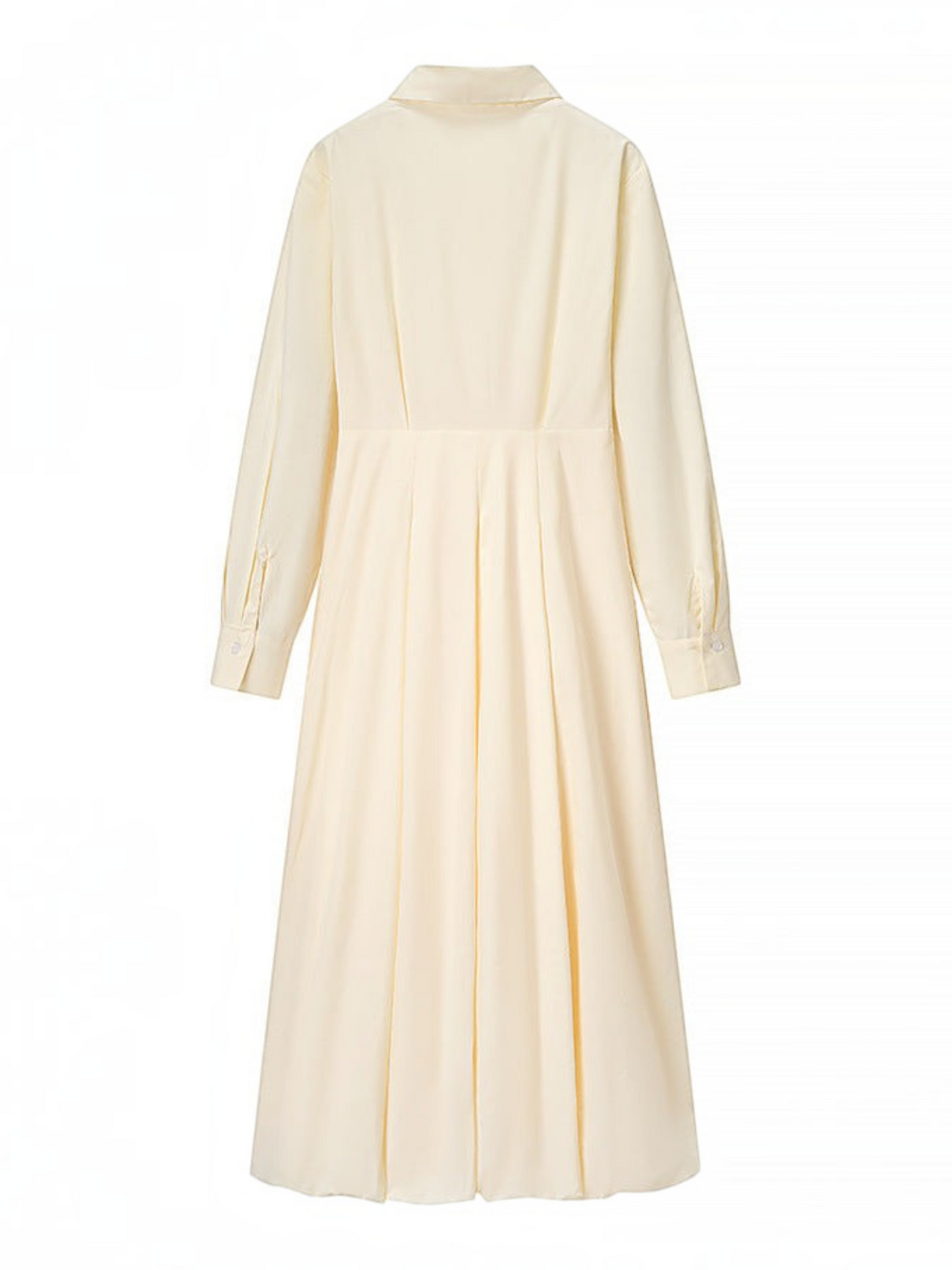 Catherine Martin pale yellow cotton midi shirt dress with a pointed collar, long sleeves, and a pleated skirt, back view