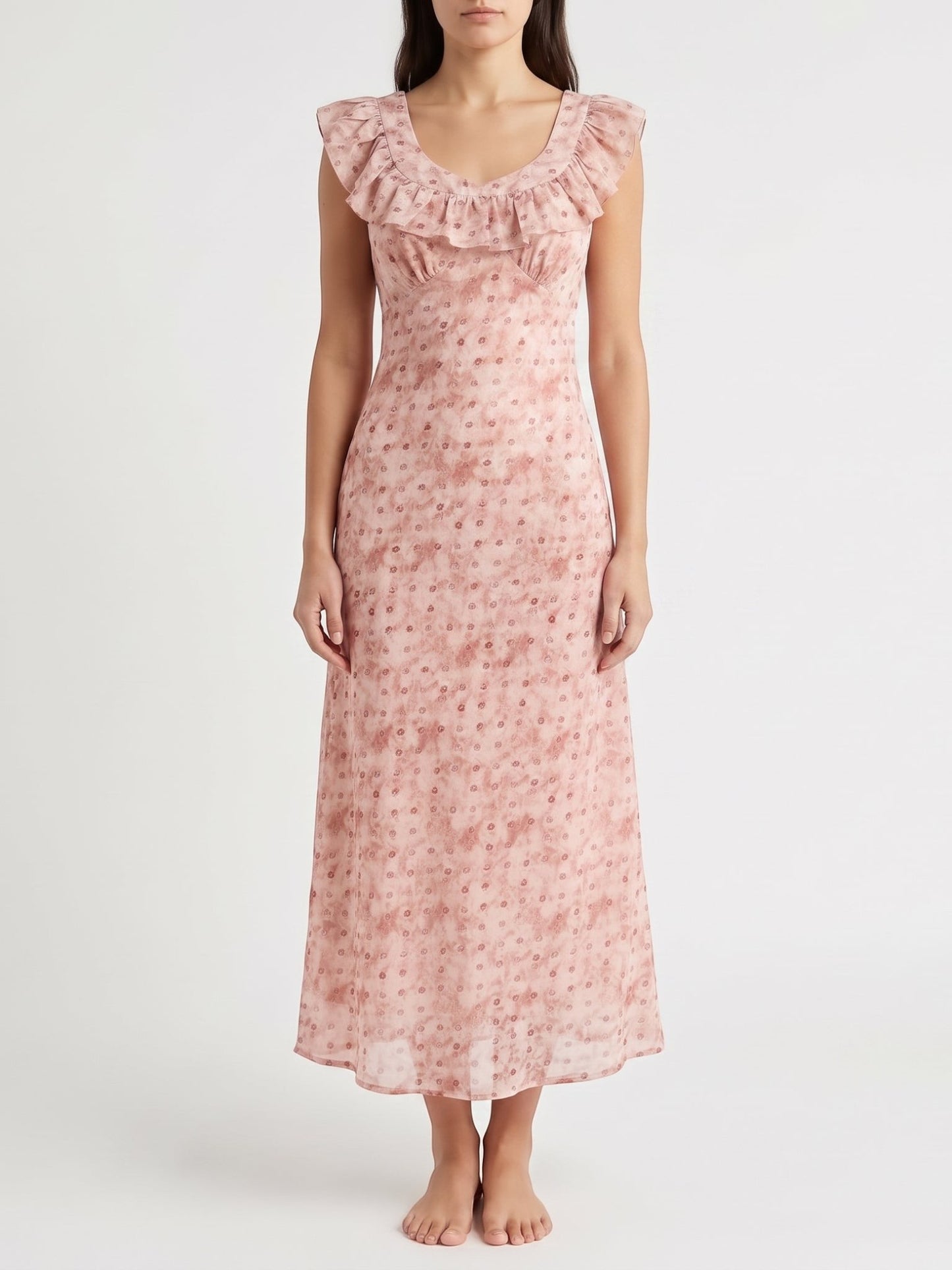 Catherine Martin dusty pink maxi dress with a ruffled square neckline and delicate floral and polka dot print