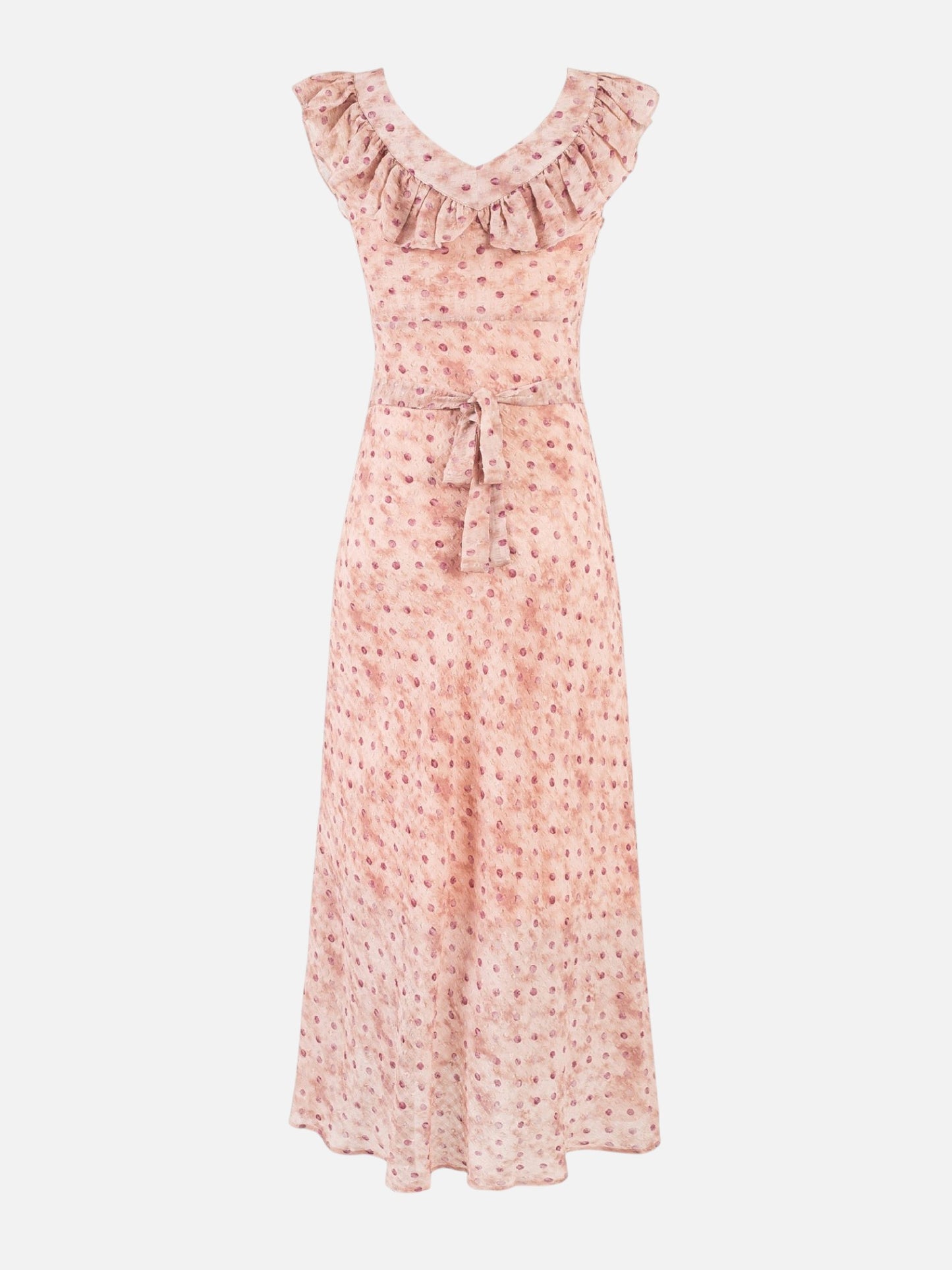 Catherine Martin dusty pink maxi dress with ruffled square neckline, floral polka dot print, and self-tie waist.
