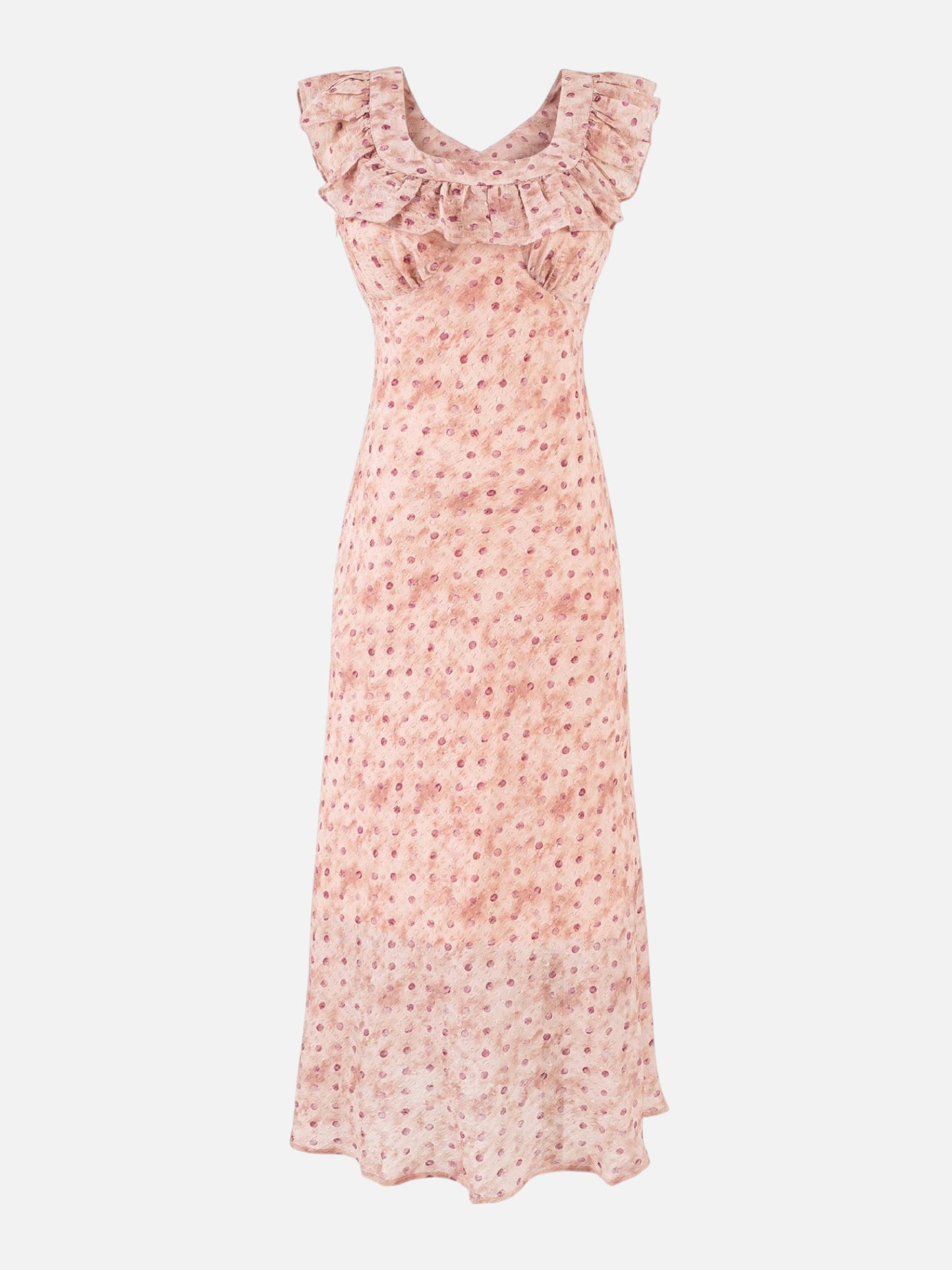 Catherine Martin dusty pink maxi dress with ruffled square neckline and ditsy floral and polka dot print
