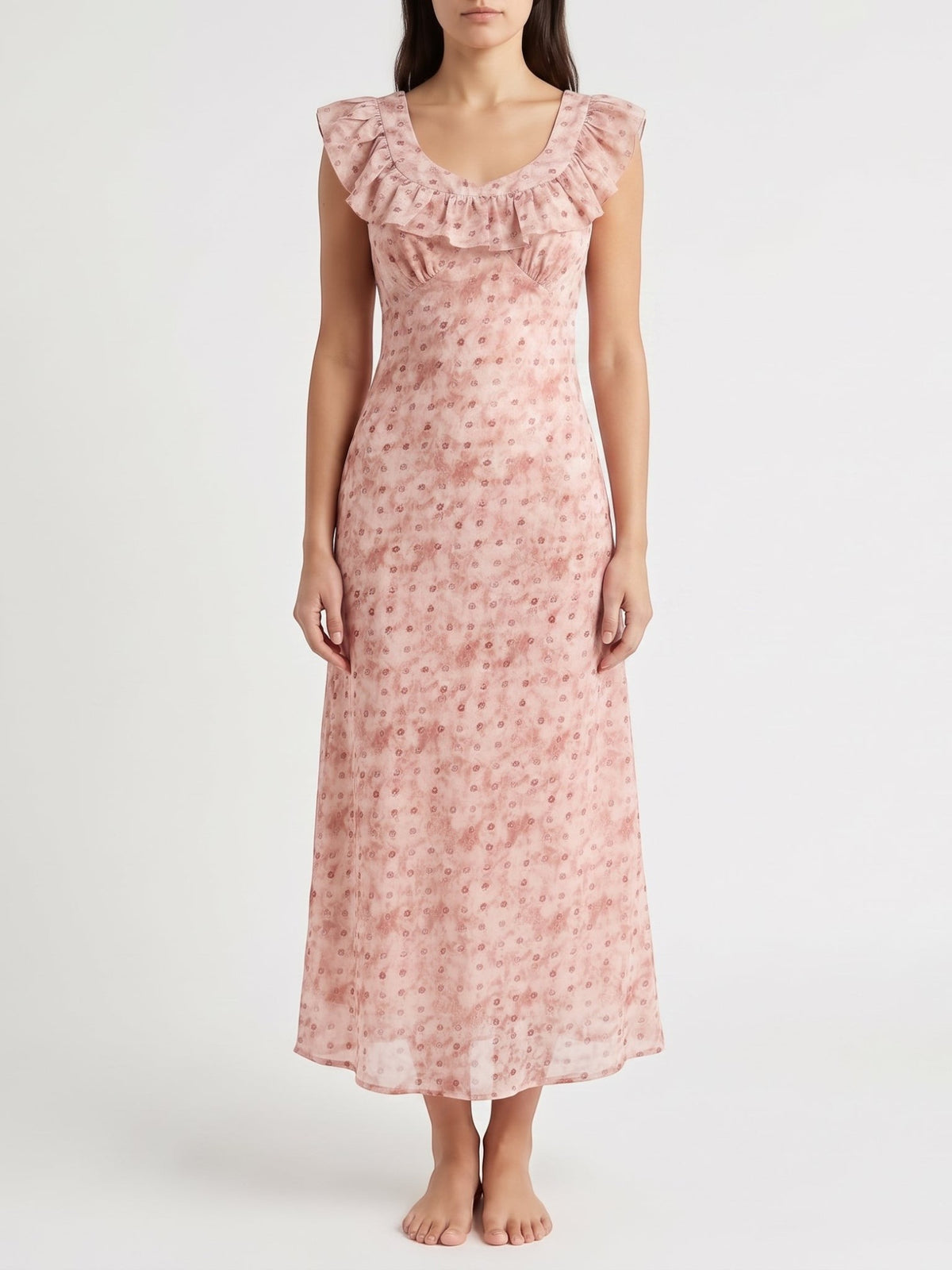 Catherine Martin dusty pink maxi dress with a ruffled square neckline and ditsy floral and polka dot print