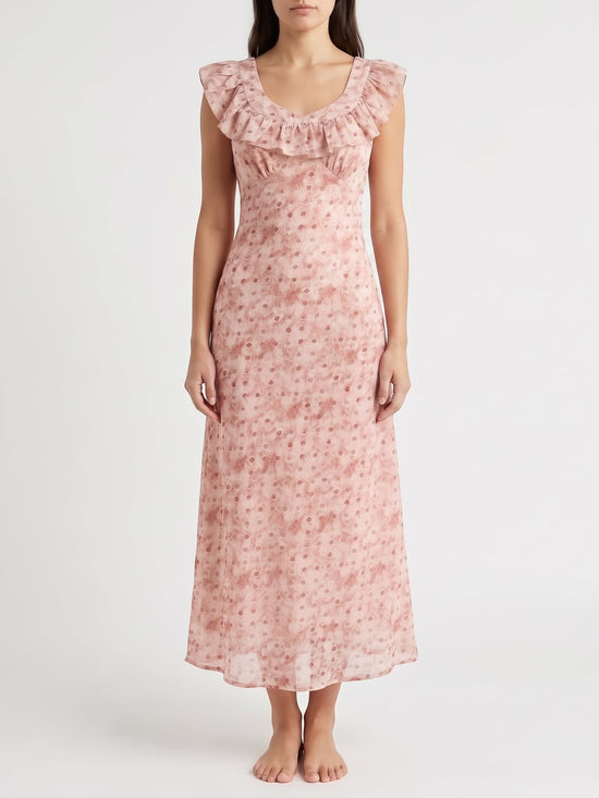 Catherine Martin dusty pink maxi dress with a ruffled square neckline and ditsy floral and polka dot print