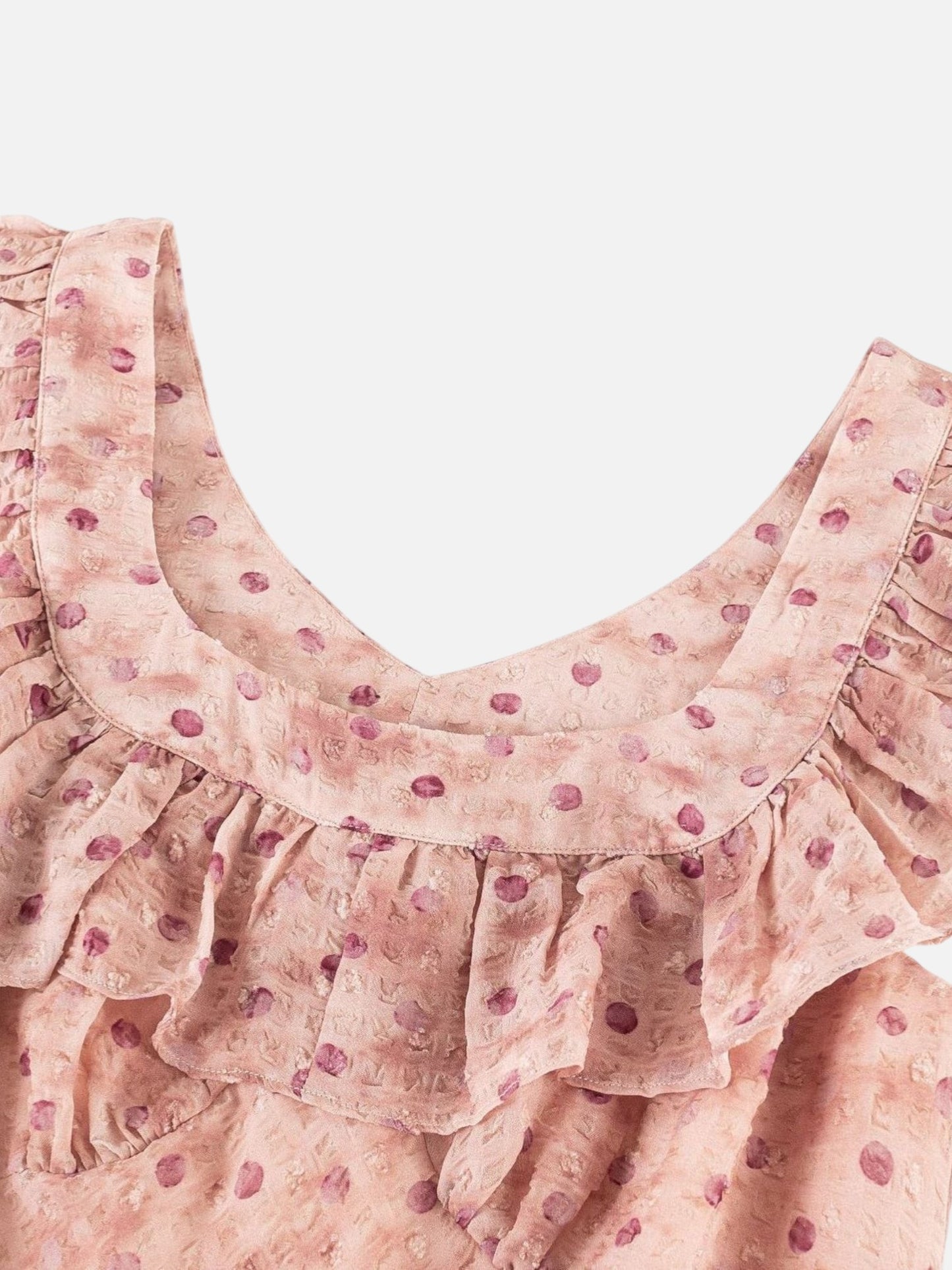 Catherine Martin dusty pink maxi dress featuring a ruffled square neckline with a ditsy floral and polka dot print.