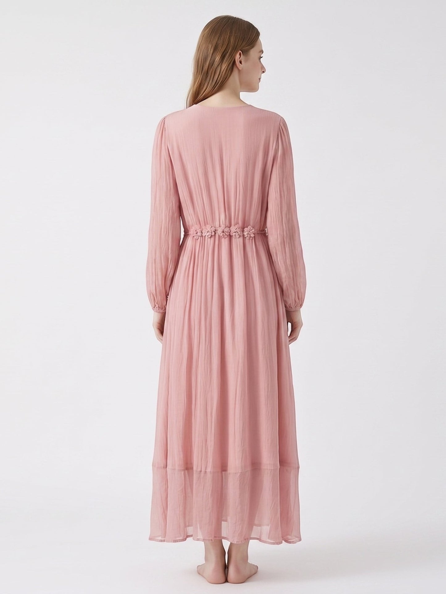 Catherine Martin pink silk midi dress with floral waist detail, long billowy sleeves, and tiered skirt, back view