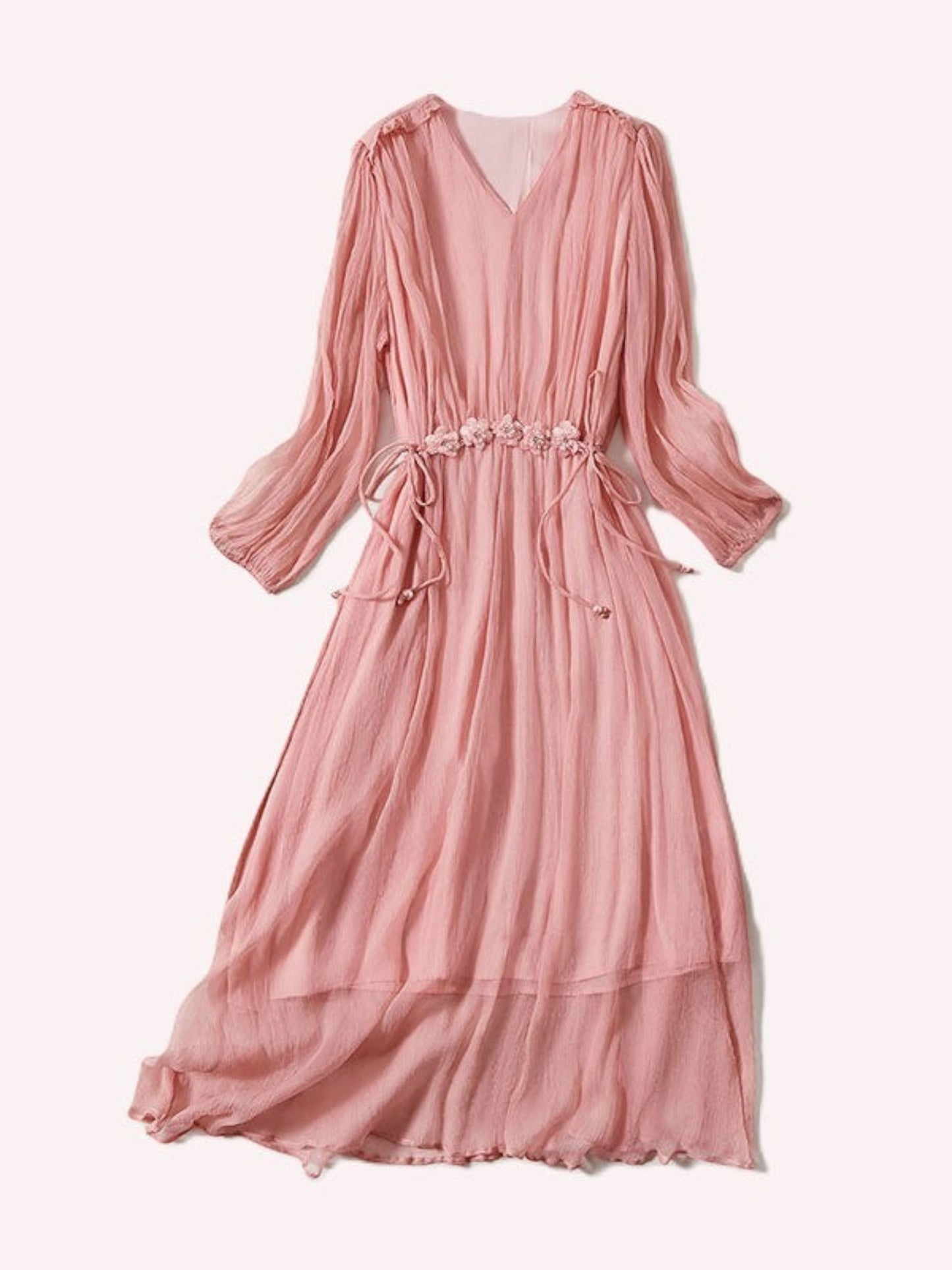 Catherine Martin pink silk midi dress with V-neck, long sleeves, and a floral waist tie detail.