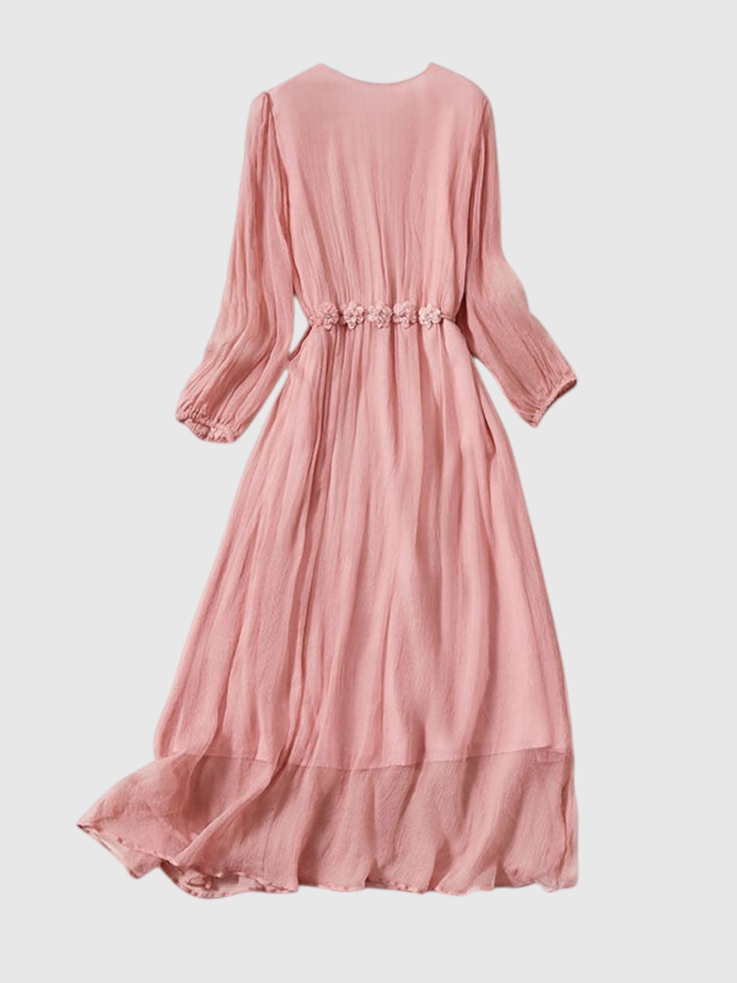 Catherine Martin pink silk midi dress with long sleeves, V-neckline, and a delicate floral waist tie detail.
