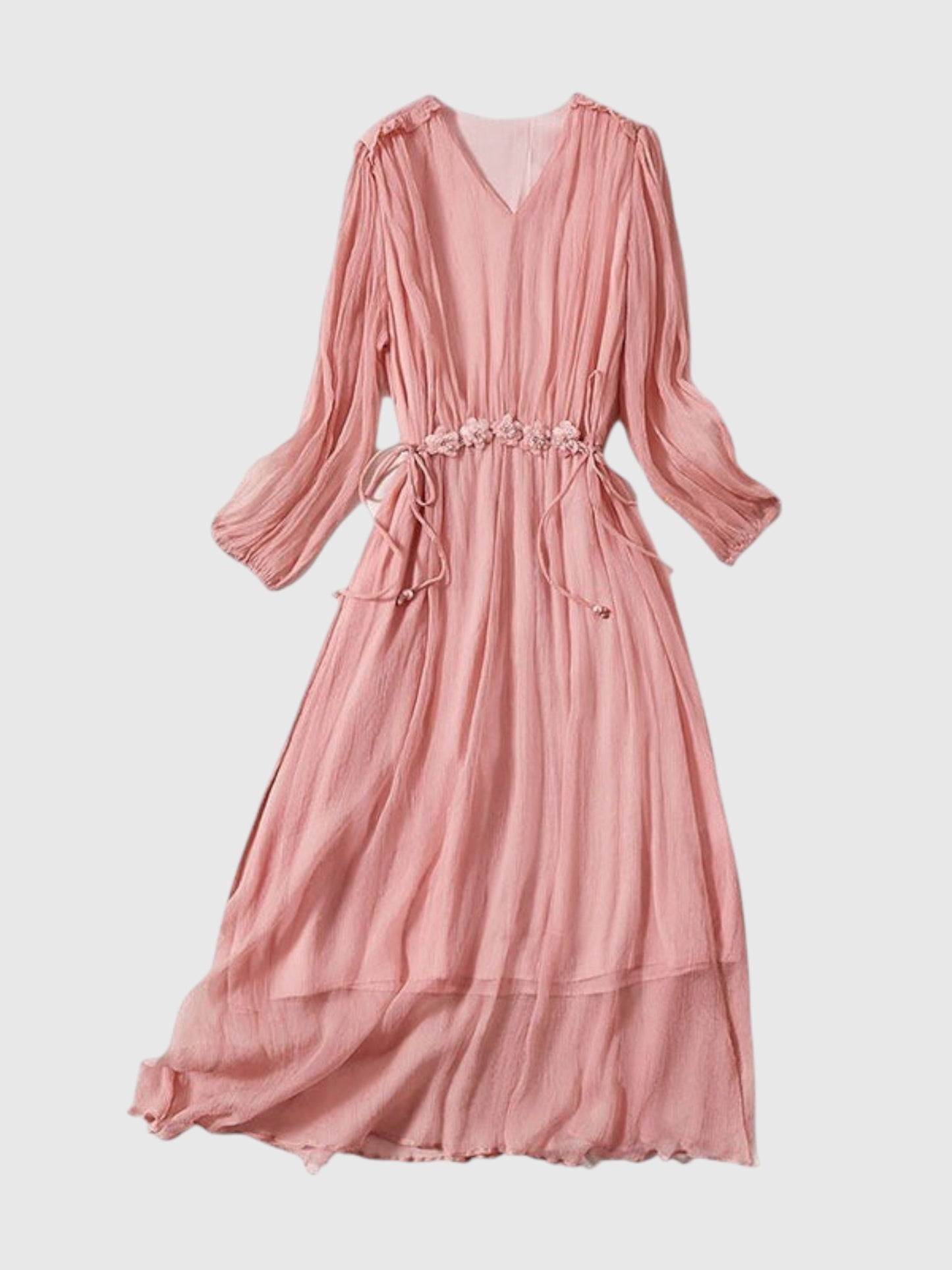 Catherine Martin pink silk midi dress with V-neck, long billowy sleeves, and floral waist tie detail.