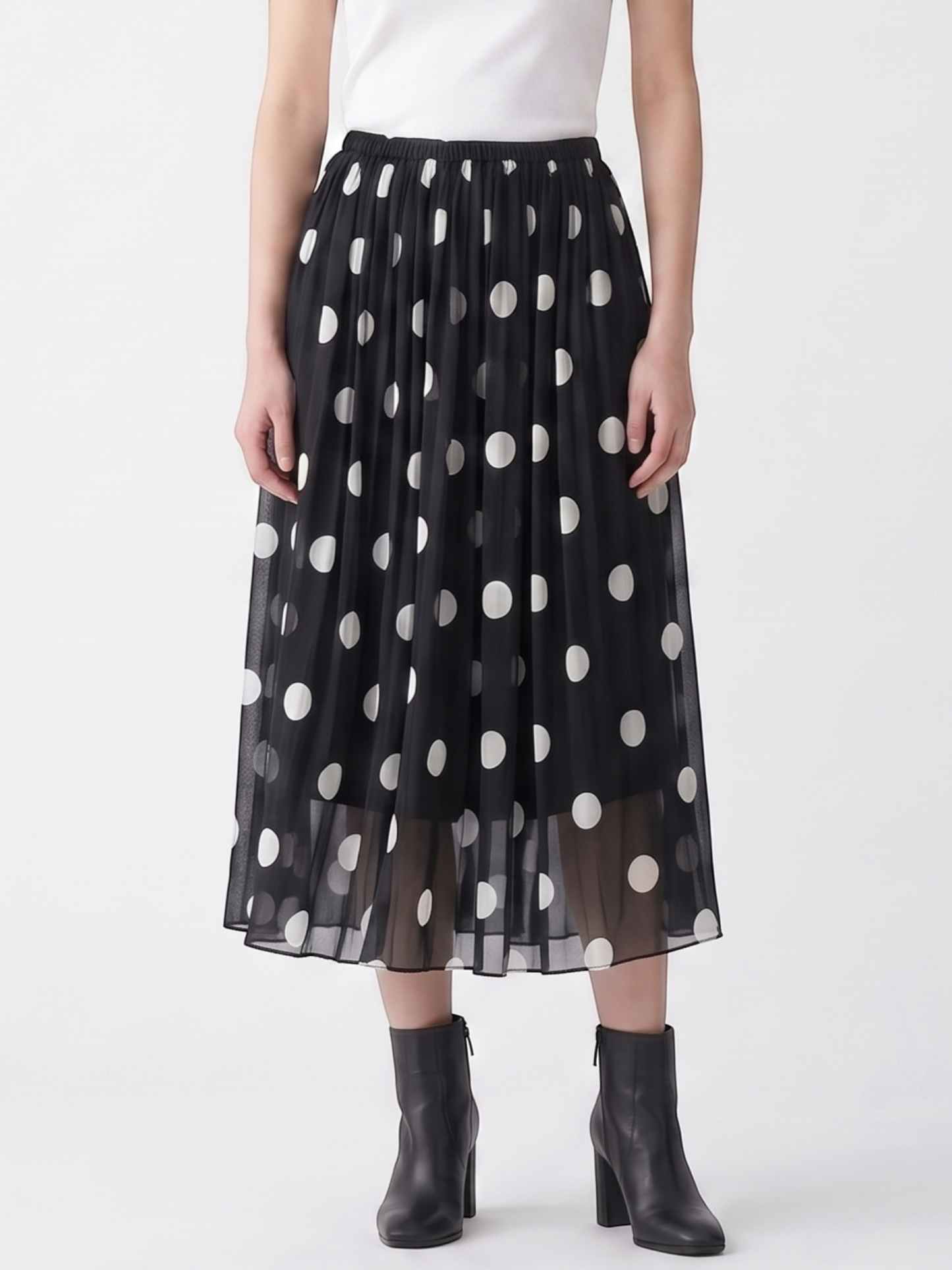 Catherine Martin black and white polka dot silk midi skirt with an A-line silhouette and elastic waistband
