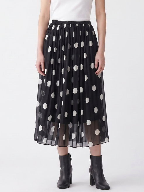 Catherine Martin black and white polka dot silk midi skirt with an A-line silhouette and elastic waistband
