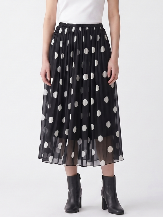 Catherine Martin black and white polka dot silk midi skirt with an A-line silhouette and elastic waistband