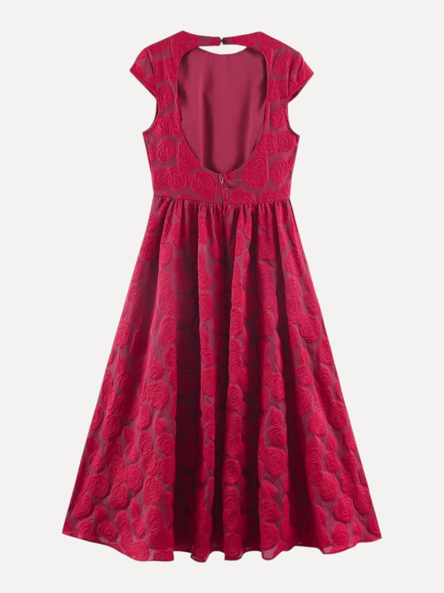 Catherine Martin red rose jacquard mid-length dress with a backless design and short sleeves in stretch polyester.