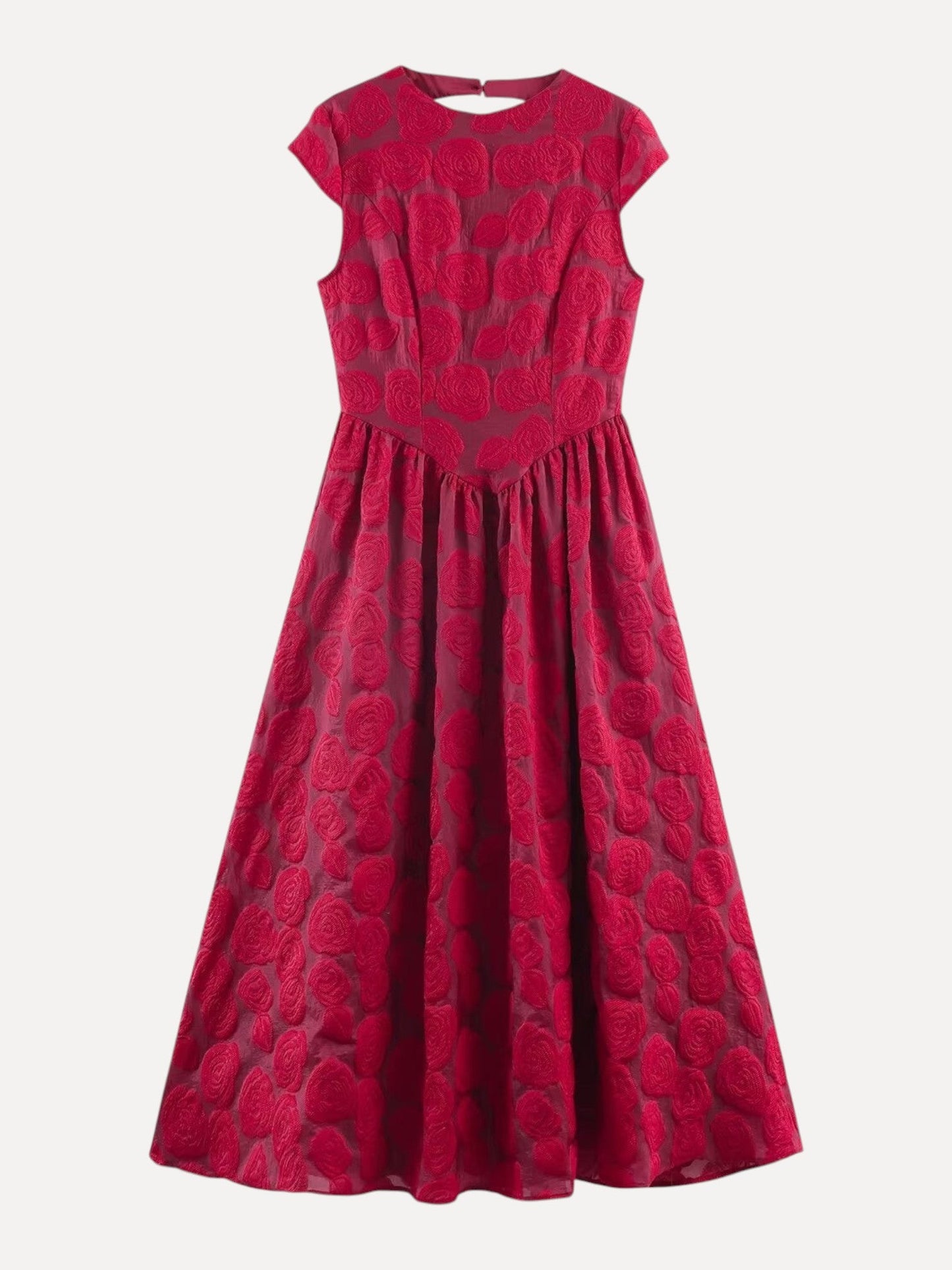 Catherine Martin red rose jacquard mid-length dress with short sleeves and a backless design in stretch polyester