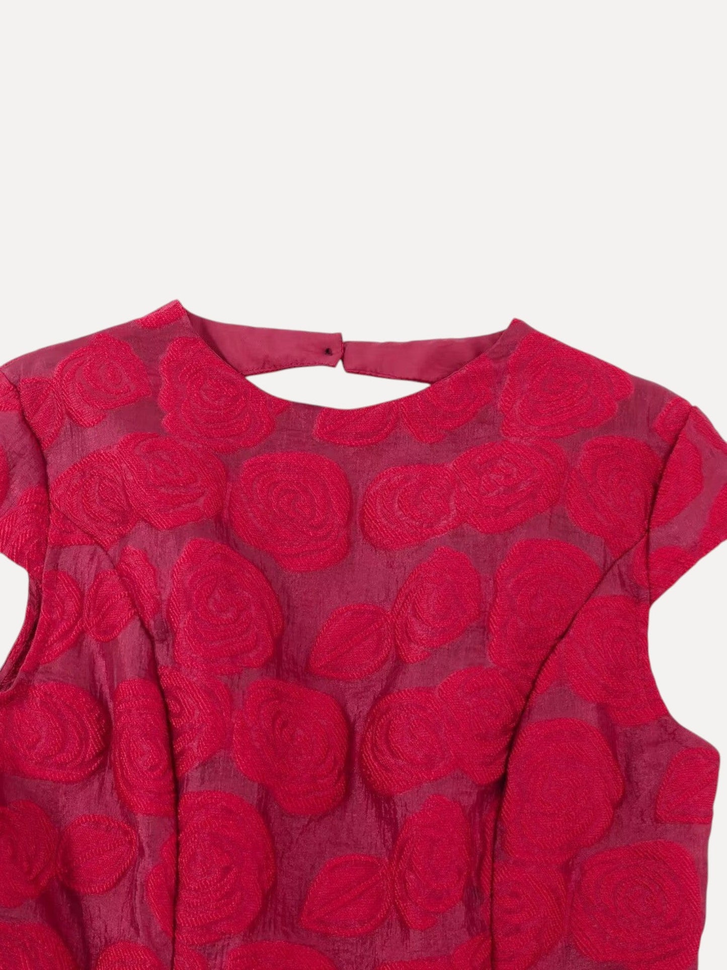 Catherine Martin red rose jacquard mid-length dress with a collarless neckline and backless design