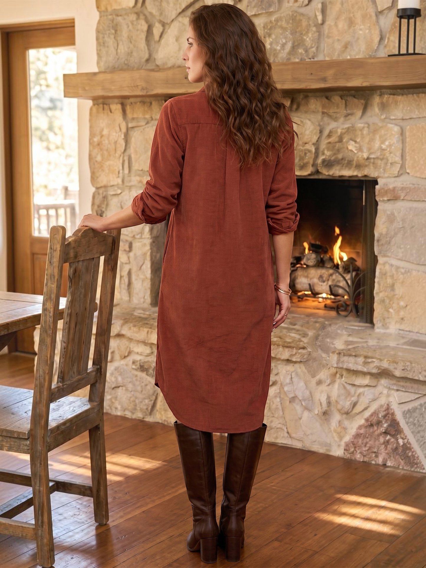 Catherine Martin rust-coloured corduroy shirt dress with long sleeves and a relaxed fit, worn with brown knee-high boots