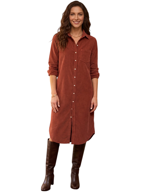 Catherine Martin rust-colored corduroy shirt dress with a button-down front, chest pocket, and long sleeves.