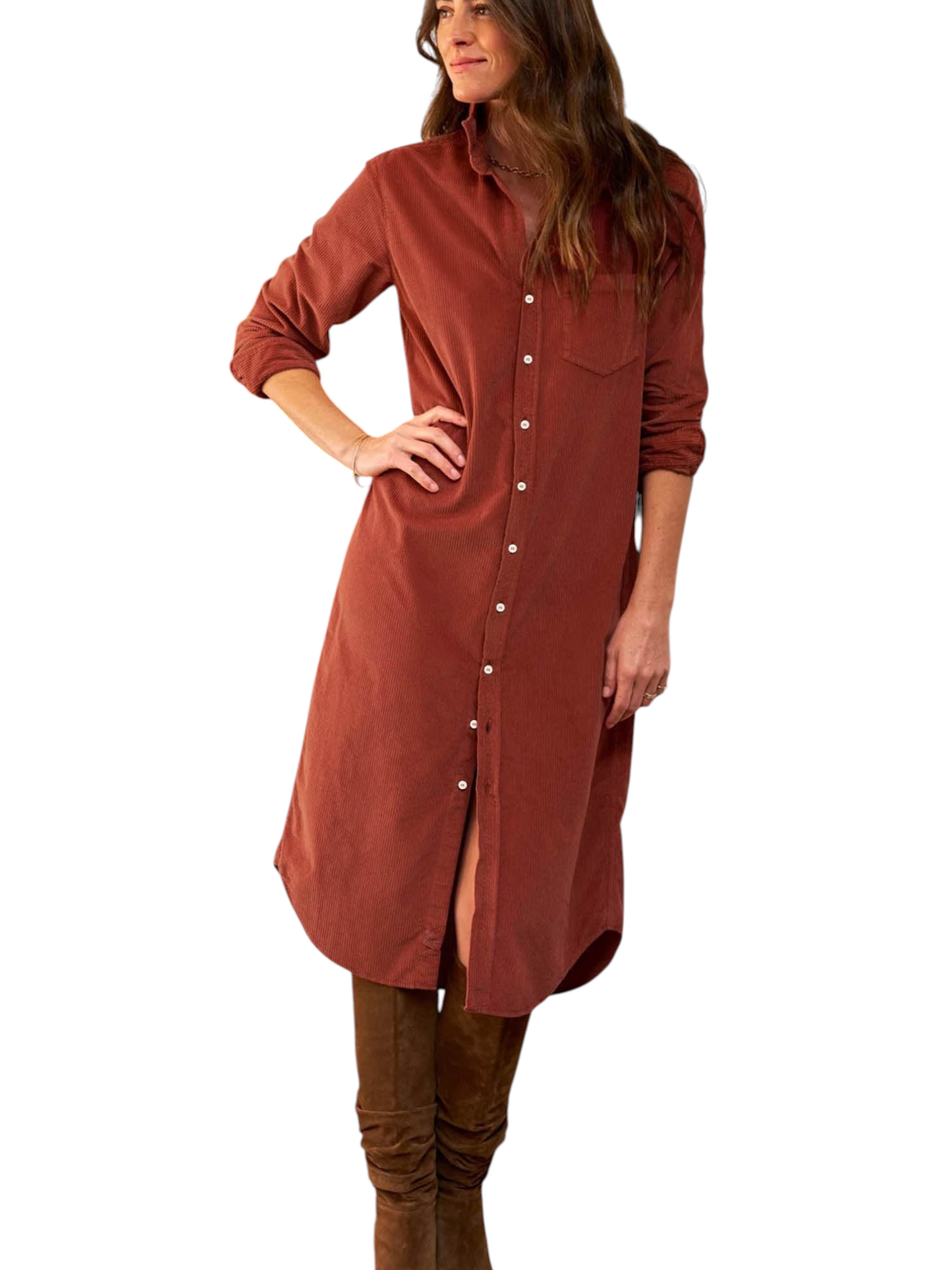 Catherine Martin rust-coloured corduroy shirt dress with a button-down front, chest pocket, and relaxed shift fit.