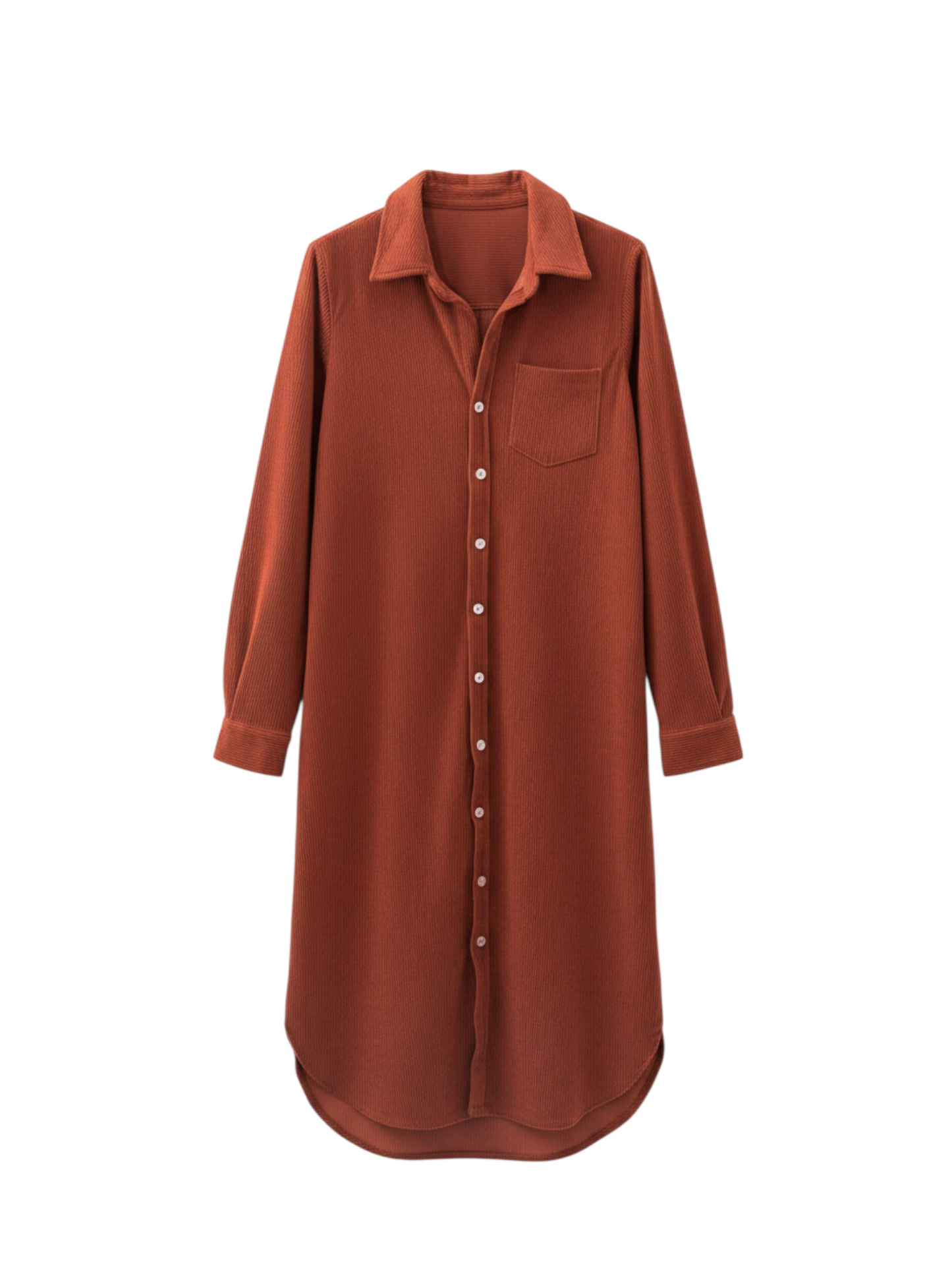 Catherine Martin rust-coloured corduroy shirt dress with a button-down front, collar, and chest pocket.