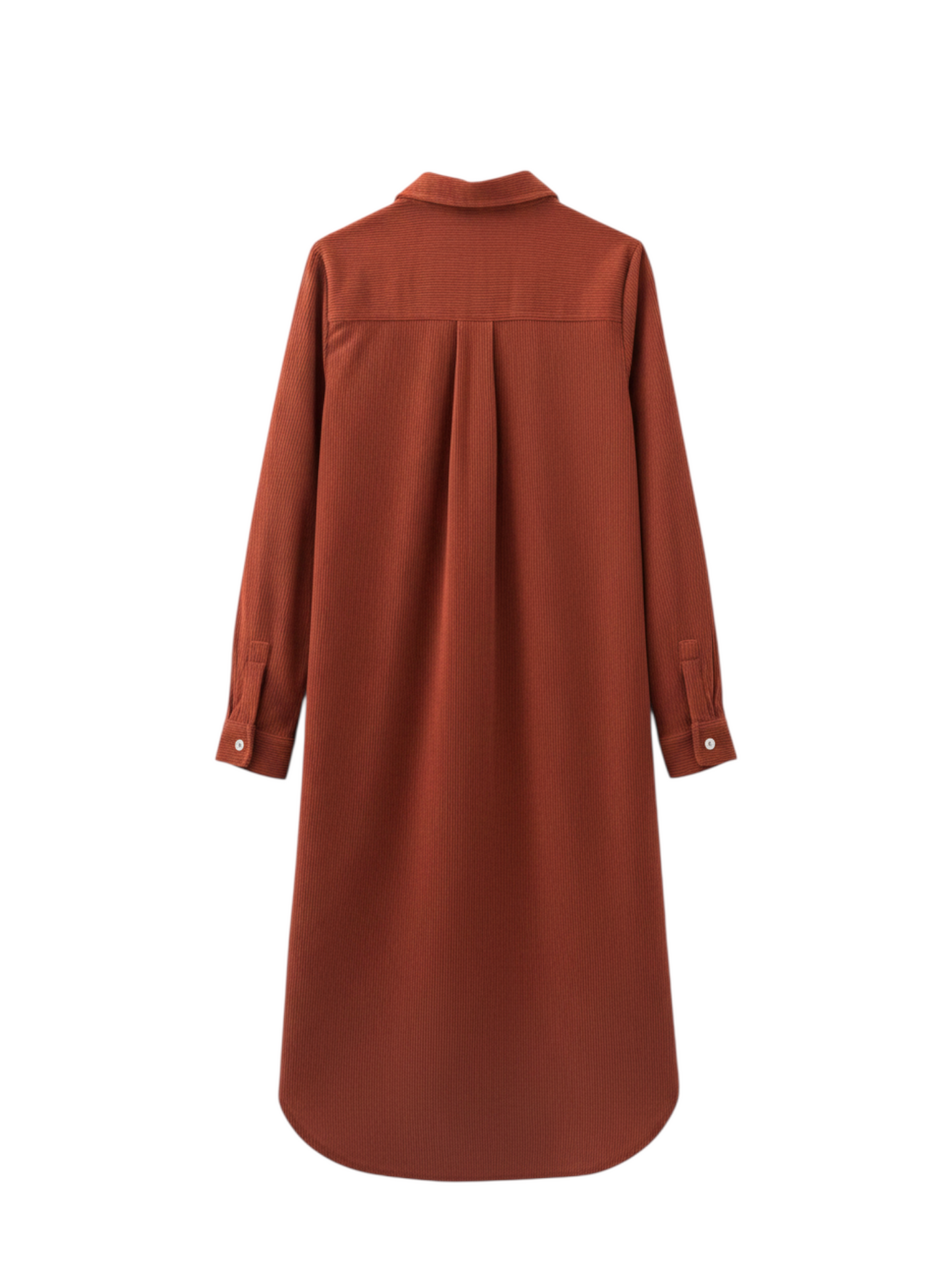 Back view of a Catherine Martin rust-coloured corduroy shirt dress with a classic collar and long sleeves.