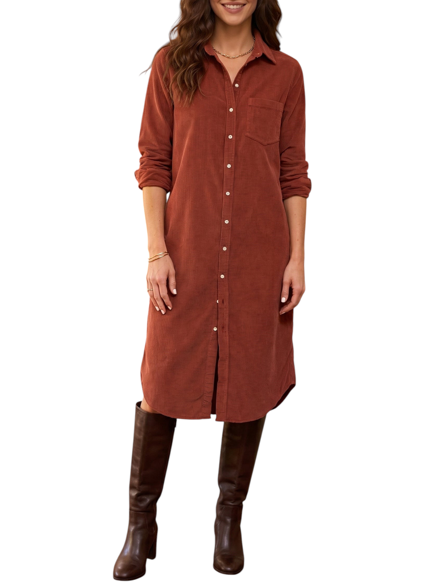 Catherine Martin rust-coloured corduroy shirt dress with a button-down front, chest pocket, and long sleeves.