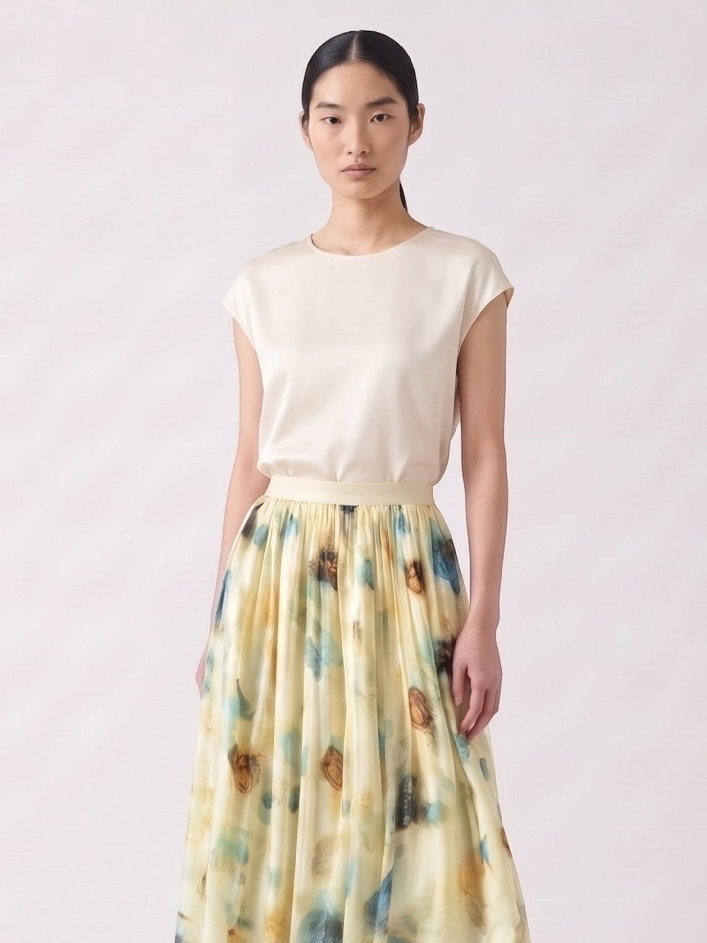 Catherine Martin pleated midi skirt in silk chiffon with a blue and gold watercolour print on a pale yellow base.