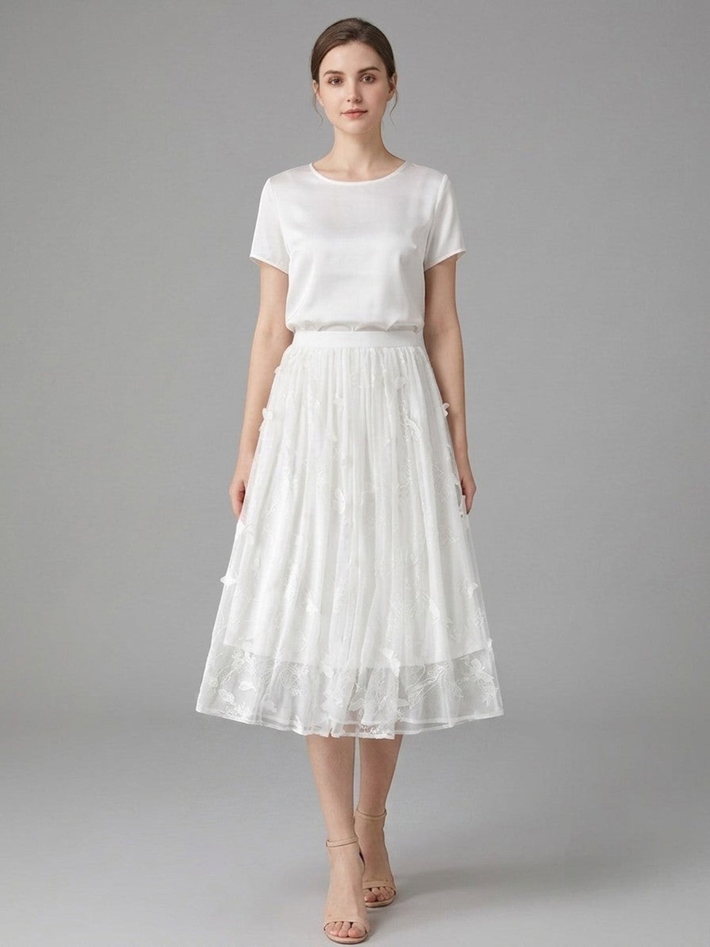 Catherine Martin white silk chiffon midi skirt with floral and butterfly embroidery in an A-line silhouette