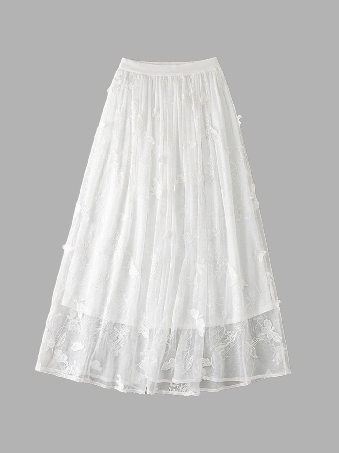 Catherine Martin white silk chiffon midi skirt with delicate butterfly and floral embroidery and an A-line silhouette.