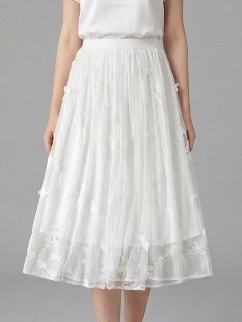 Catherine Martin white silk chiffon midi skirt with delicate butterfly and floral embroidery in an A-line silhouette.
