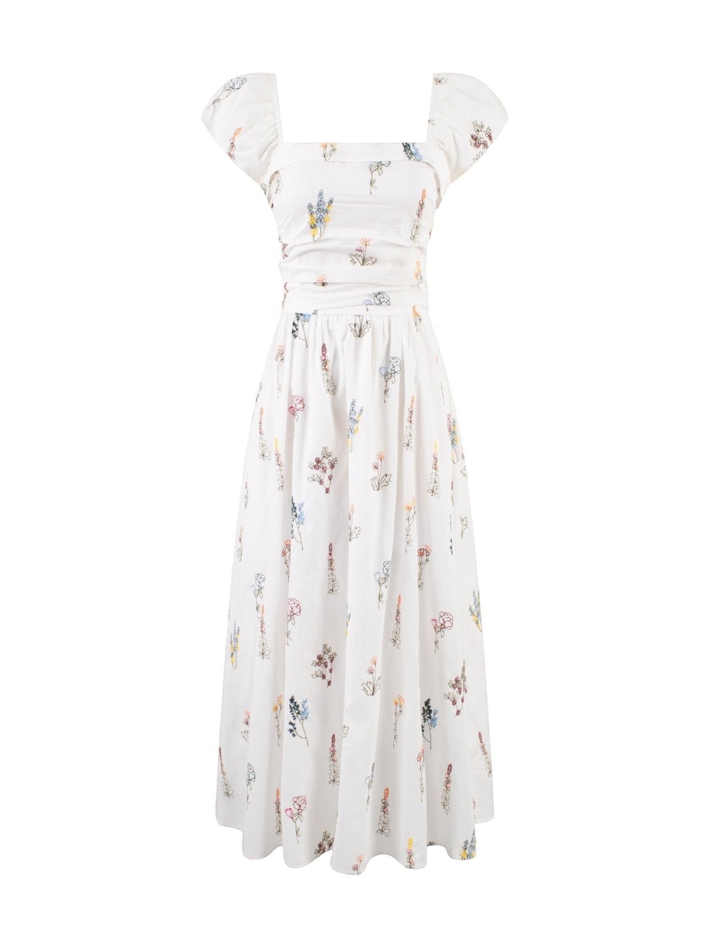 Catherine Martin white cotton midi dress with wildflower print, square neckline, and puff sleeves.