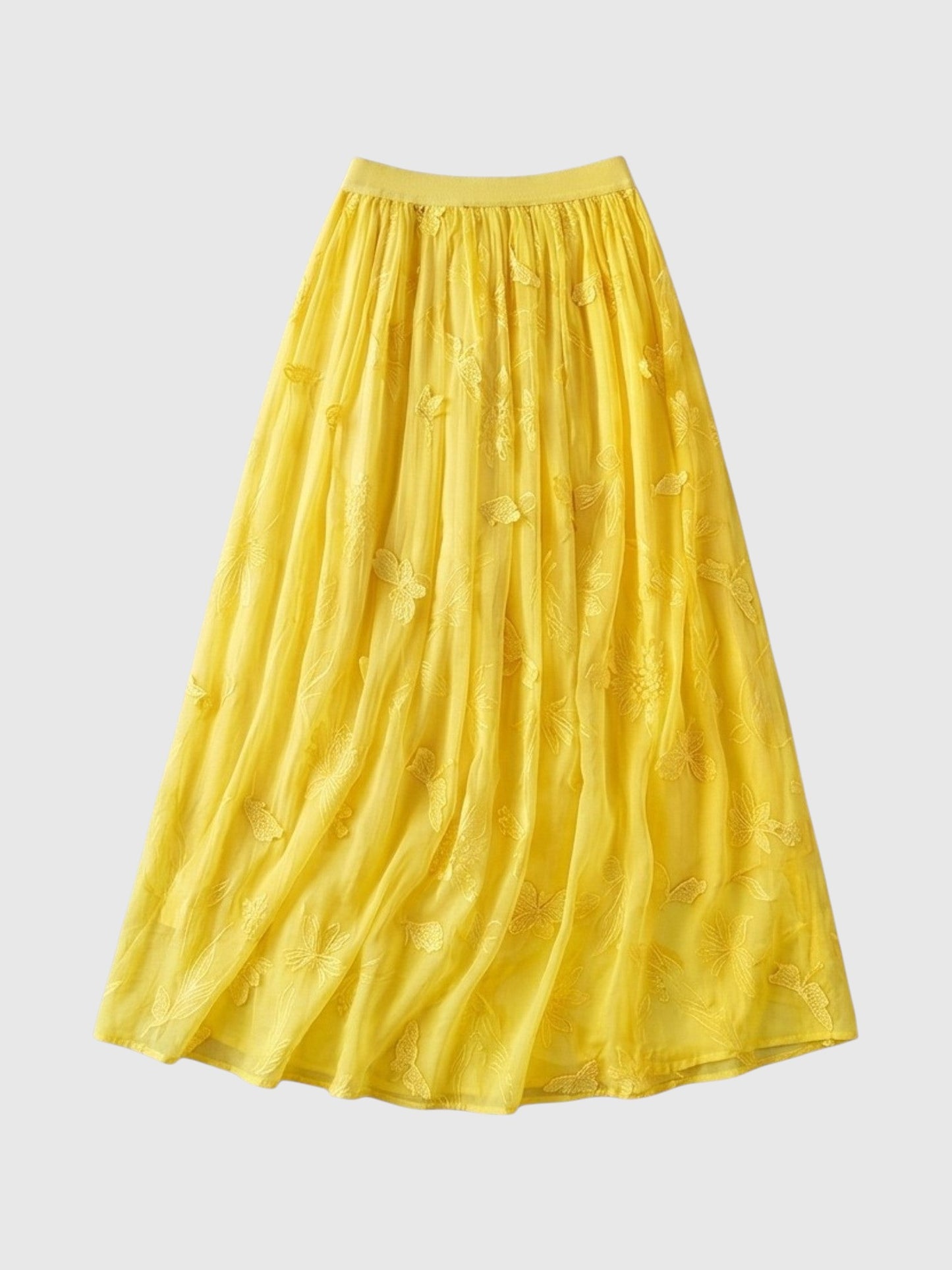 Catherine Martin yellow silk chiffon midi skirt with delicate butterfly and floral embroidery and A-line silhouette