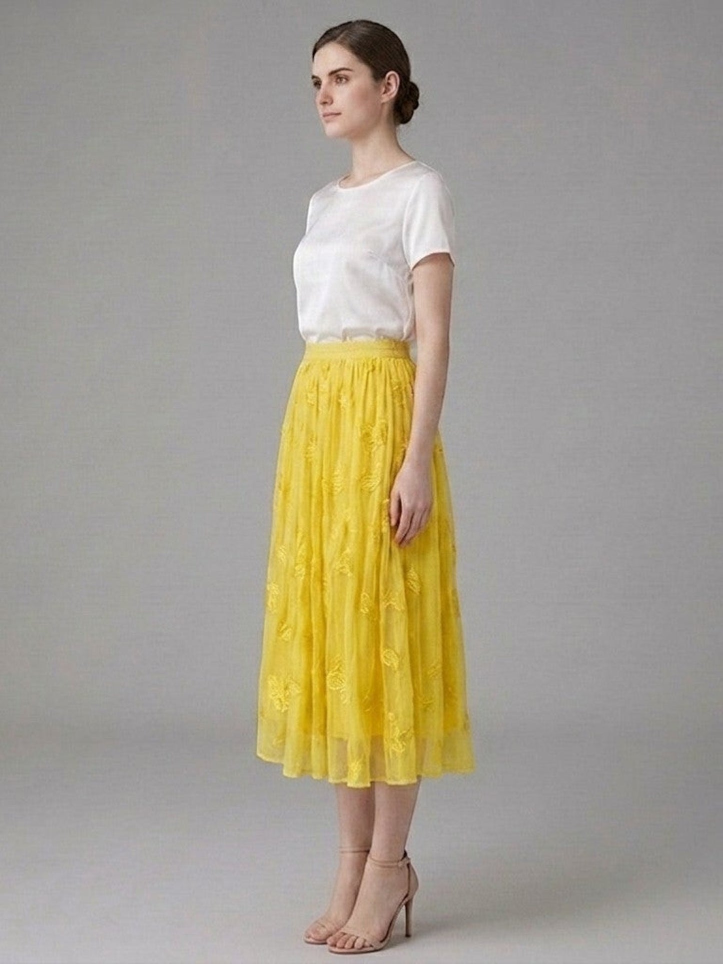 Catherine Martin yellow silk chiffon midi skirt with butterfly and floral embroidery and an elastic waistband